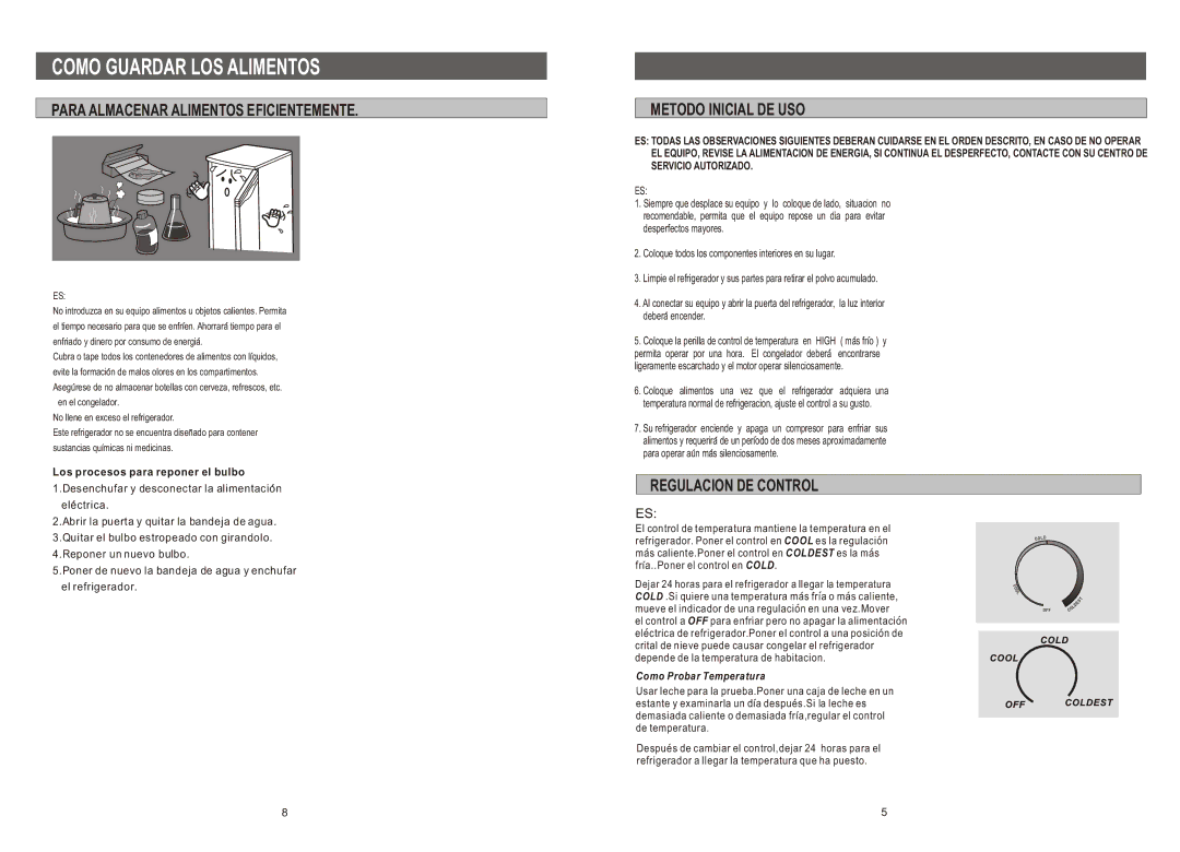 Samsung SG15DCGWQN/XES manual Como Guardar LOS Alimentos, Para Almacenar Alimentos Eficientemente, Metodo Inicial DE USO 