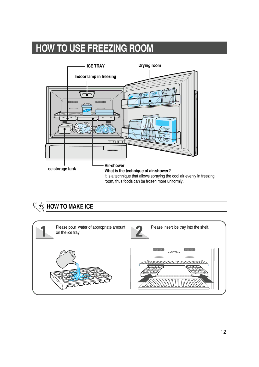 Samsung SG648EVMGQ/XET, SG608ECSWQ/XEF, SG608ECSWH/SRX HOW to USE Freezing Room, HOW to Make ICE, Indoor lamp in freezing 