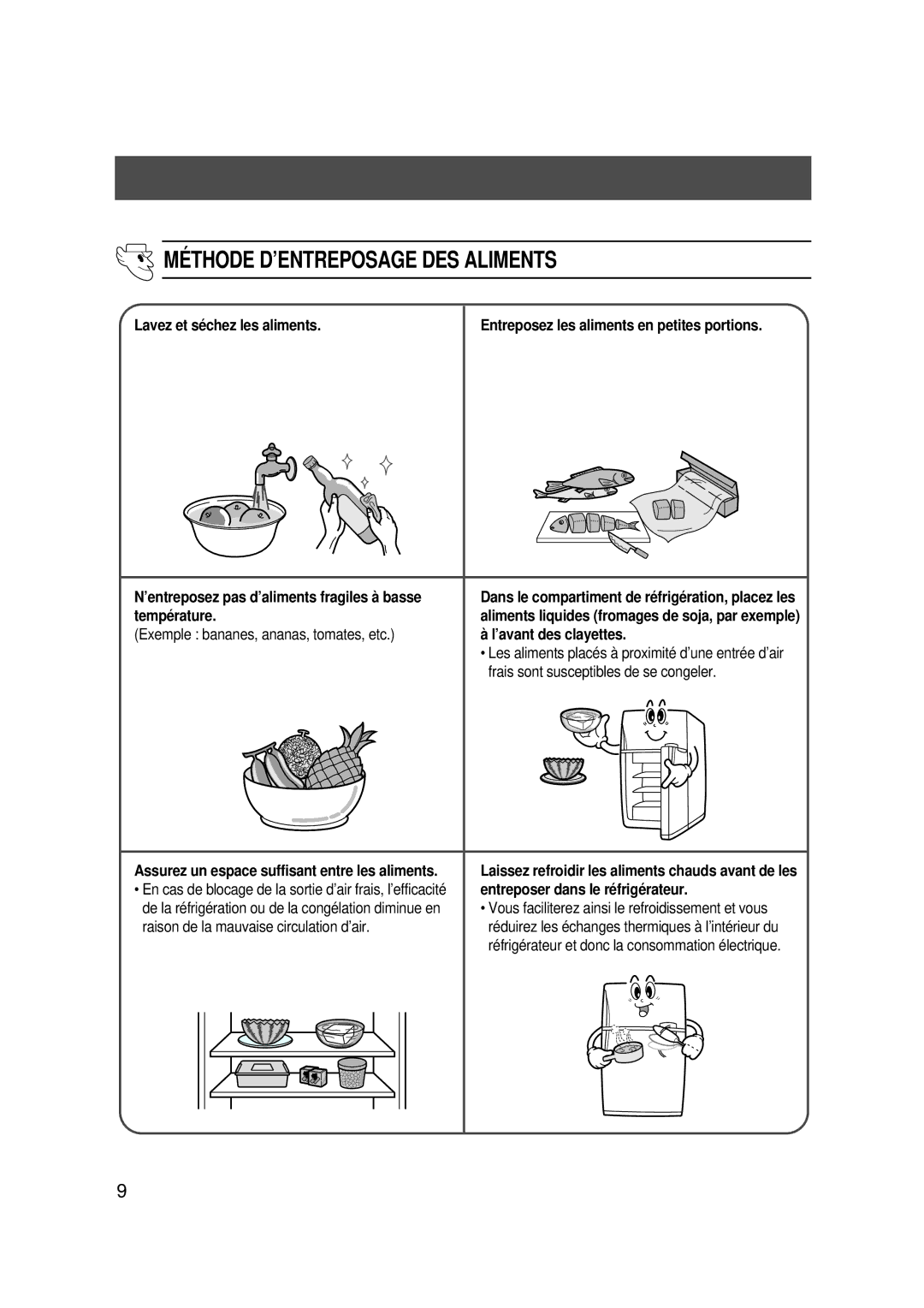 Samsung SG608ECSWQ/XEF, SG608ECSWH/SRX manual Méthode D’ENTREPOSAGE DES Aliments, Exemple bananes, ananas, tomates, etc 