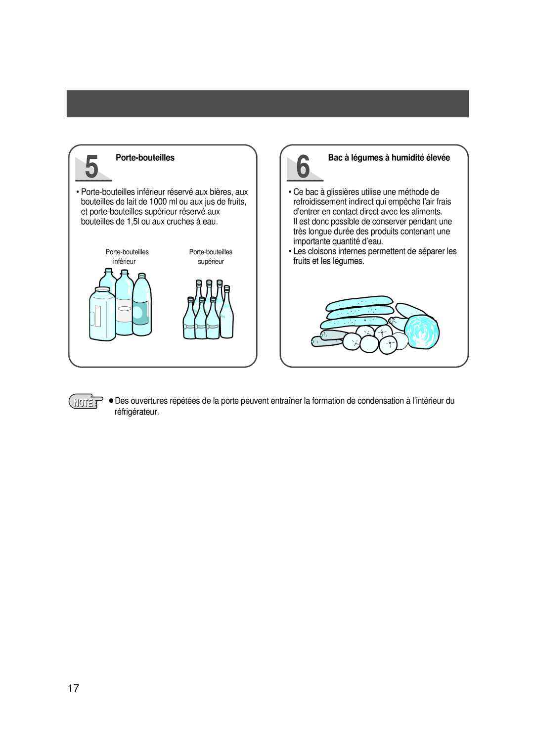 Samsung SG608ECSWQ/XEF, SG608ECSWH/SRX manual Porte-bouteilles, Bac à légumes à humidité élevée 