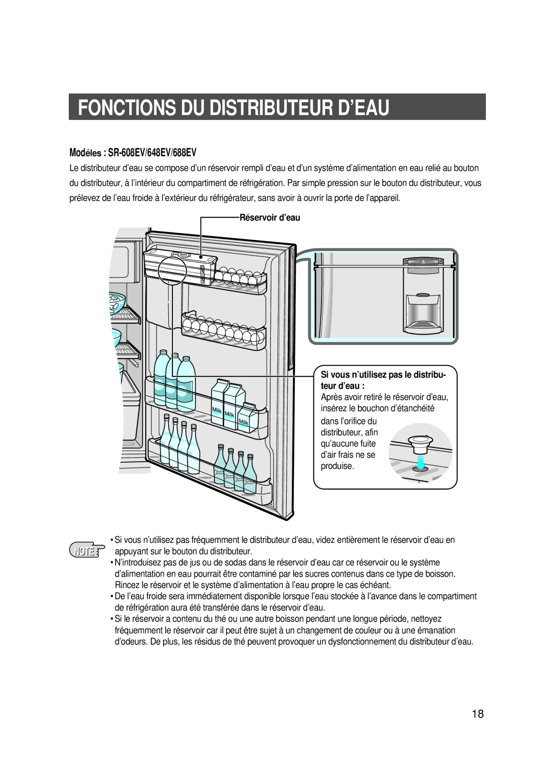 Samsung SG608ECSWH/SRX, SG608ECSWQ/XEF manual Fonctions DU Distributeur D’EAU, Modéles SR-608EV/648EV/688EV 