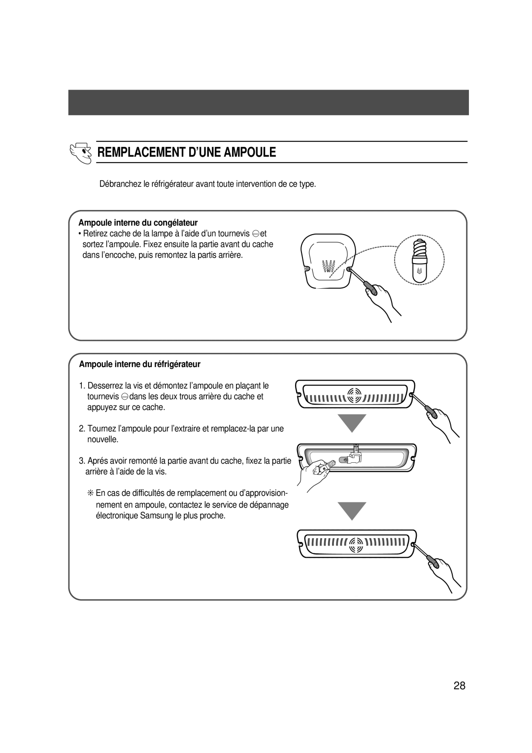 Samsung SG608ECSWH/SRX manual Remplacement D’UNE Ampoule, Ampoule interne du congélateur, Ampoule interne du réfrigérateur 