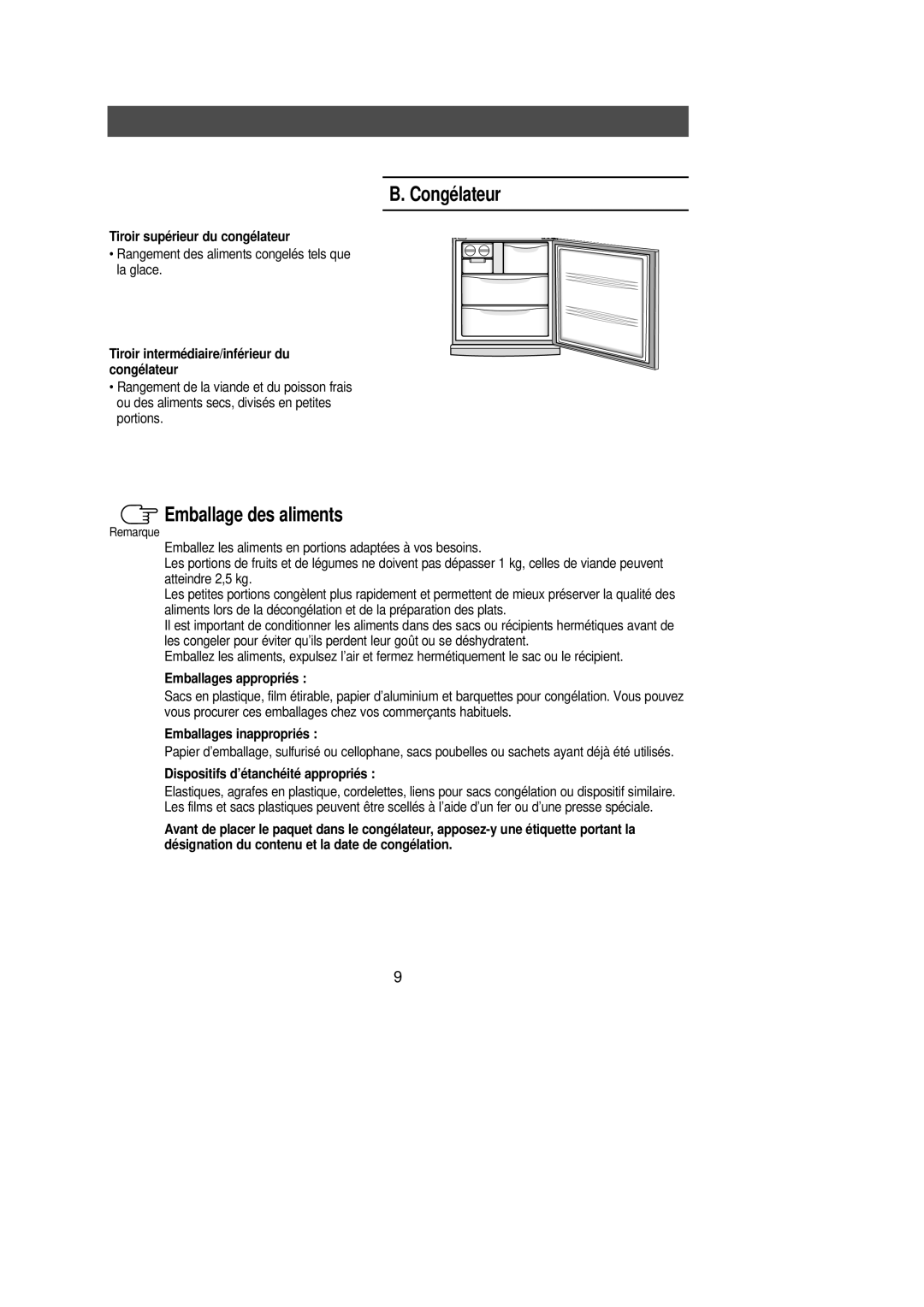 Samsung SN627ECSWQ/XEF, SG628ECSWQ/XEG, SG628ECSWH/CAF, SN629EPNSQ/XEF, SN629ECSWQ/XEF Congélateur, Emballage des aliments 