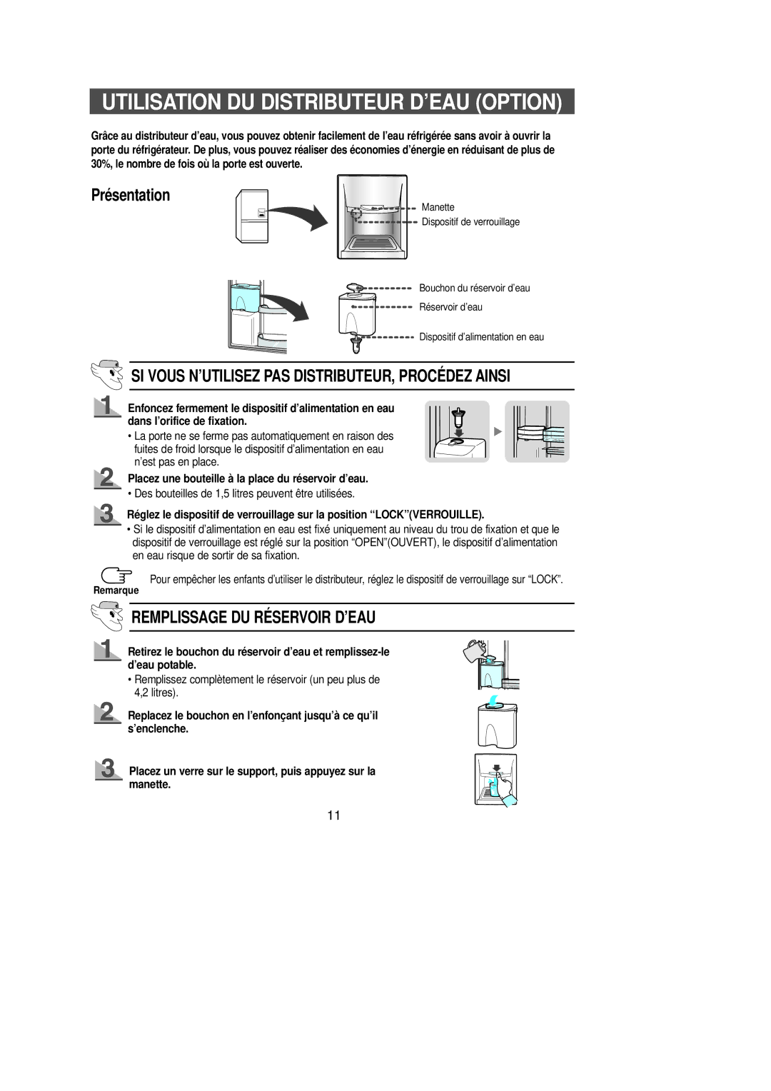 Samsung SN629EPSGQ/XEF manual Utilisation DU Distributeur D’EAU Option, Présentation, Remplissage DU RÉ Servoir D’EAU 