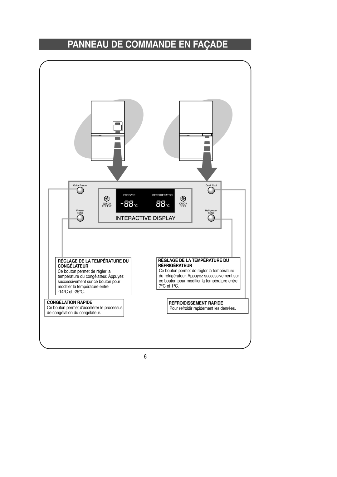 Samsung SG629ECSWH/CAH, SG628ECSWQ/XEG manual Panneau DE Commande EN Façade, Réglage DE LA Température DU Congélateur 