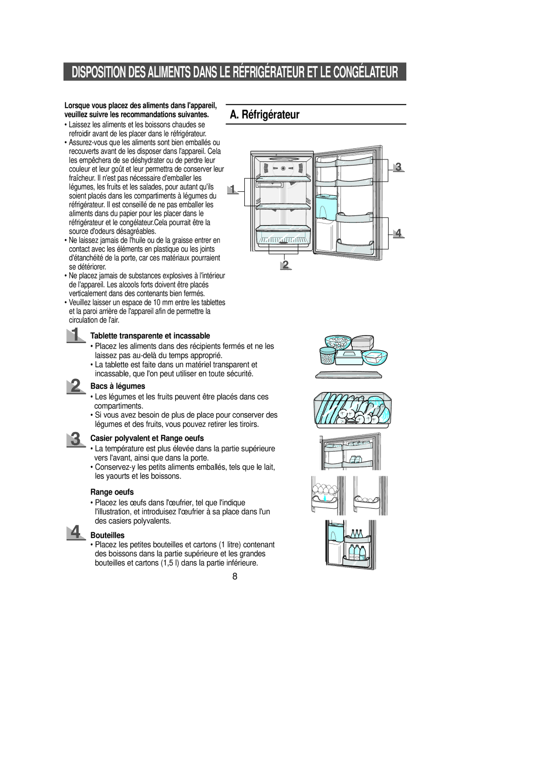 Samsung SG628ECSWQ/XEF manual Réfrigérateur, Tablette transparente et incassable, Bacs à légumes, Range oeufs, Bouteilles 