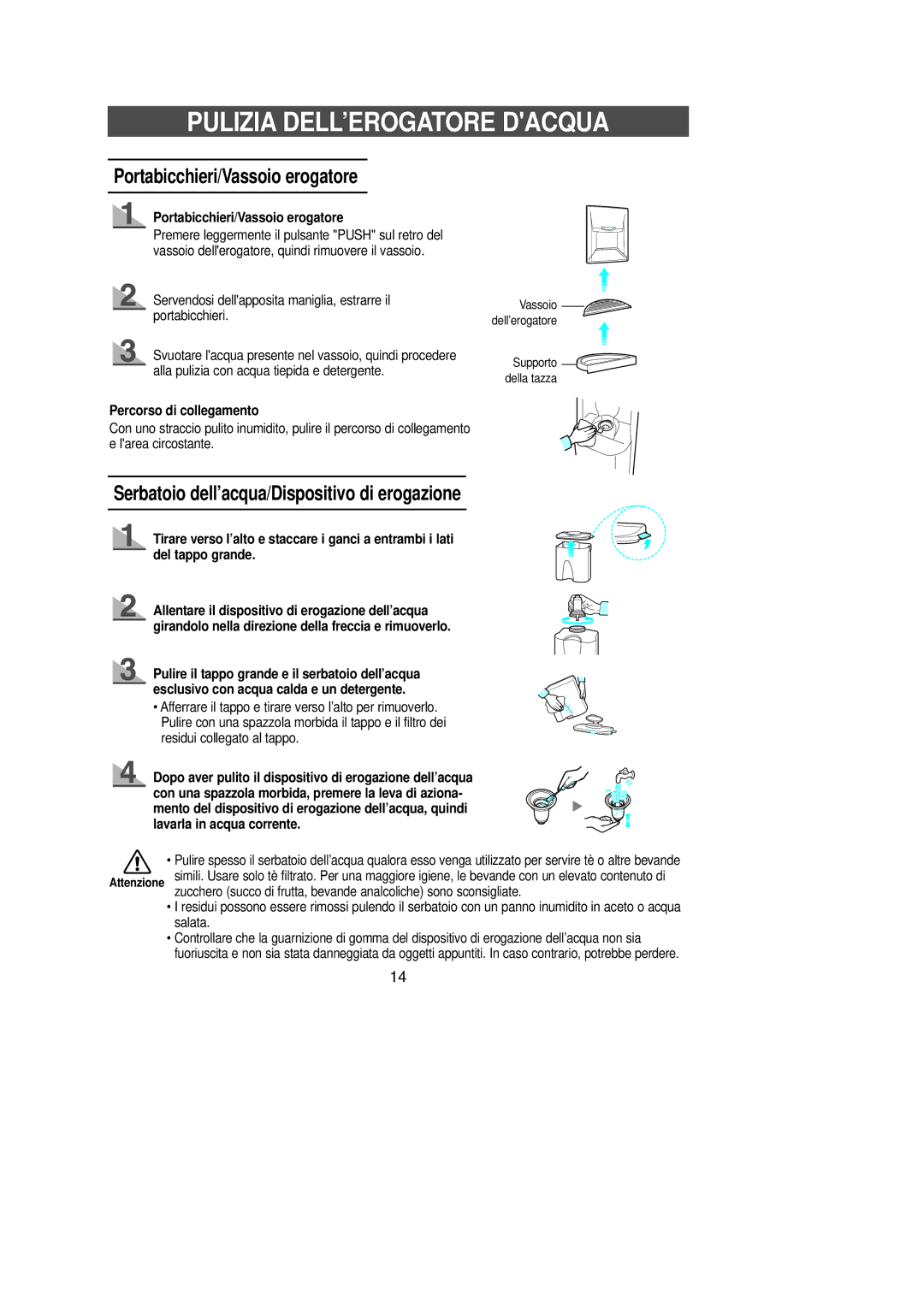 Samsung SN679EPSGQ/XET manual Pulizia DELL’EROGATORE Dacqua, Portabicchieri/Vassoio erogatore, Percorso di collegamento 