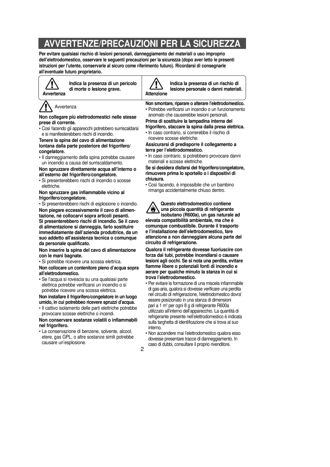 Samsung SN629EPSGQ/XEG, SG629ECSWQ/XEF, SG628ECSWQ/XEF, SG628EVMGQ/XET, SRL629ACC/XET AVVERTENZE/PRECAUZIONI PER LA Sicurezza 