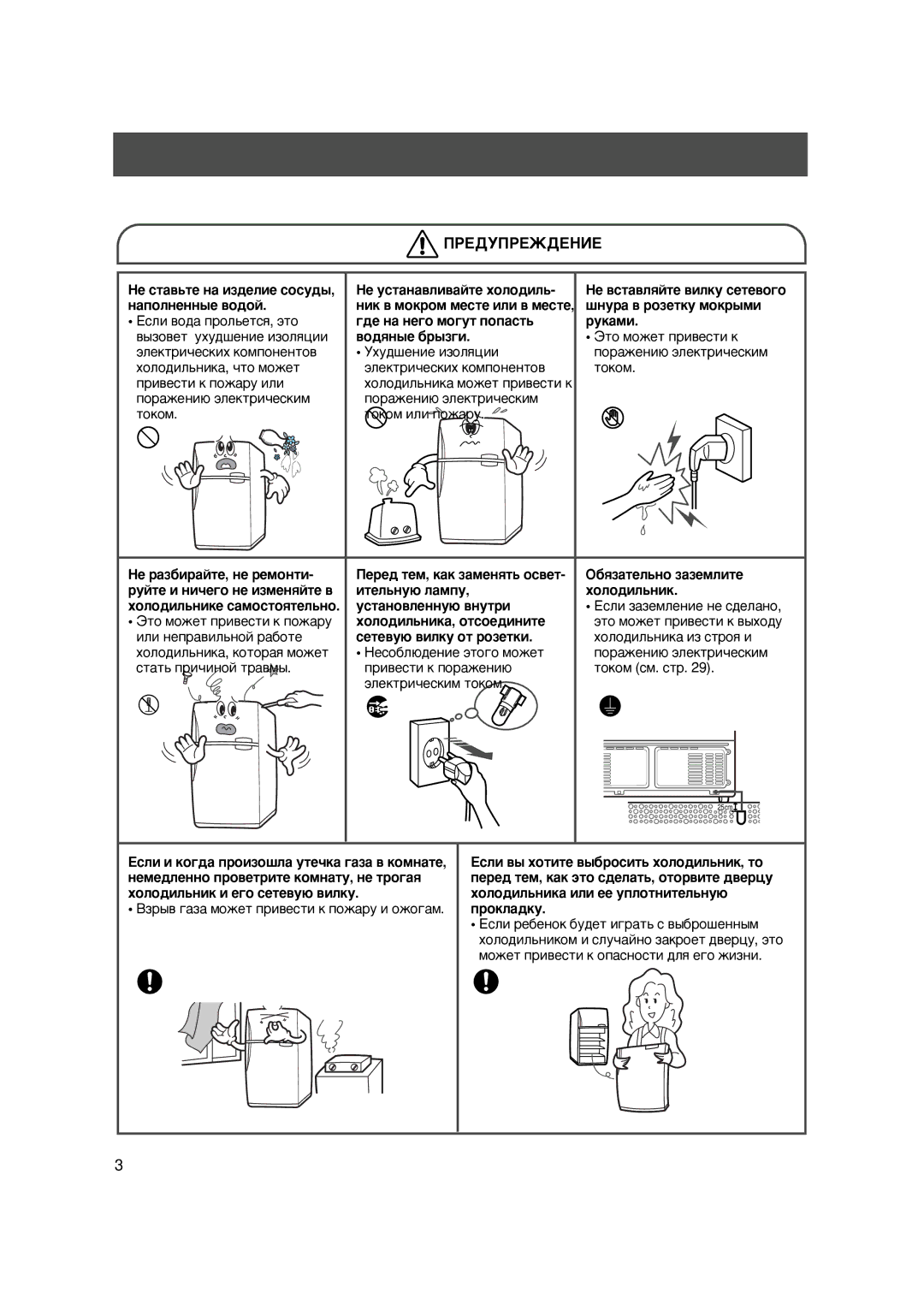 Samsung SG648ECSWH/BUS manual Ãäå íà íåãî ìîãóò ïîïàñòü Ðóêàìè, Âîäßíûå áðûçãè, Õîëîäèëüíèêà, îòñîåäèíèòå, Ïðîêëàäêó 