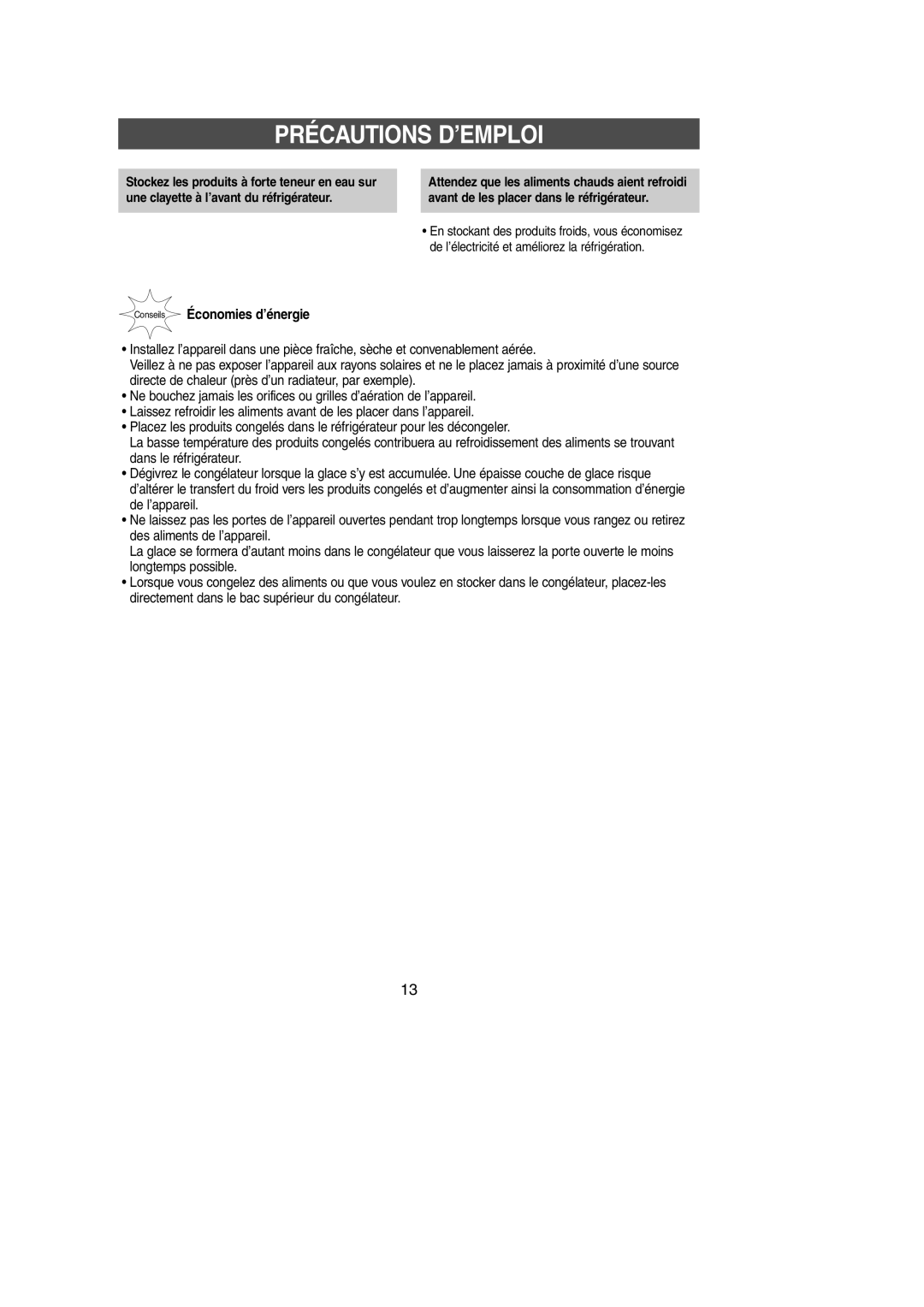 Samsung SG649ECSWQ/XEF, SG649EVMGQ/XET manual Précautions D’EMPLOI, Conseils Économies d’énergie 