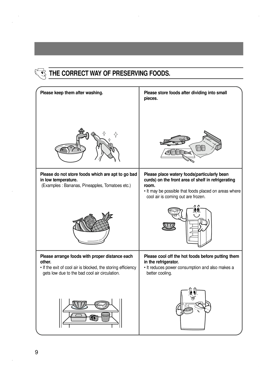 Samsung SG686EENBH/SNH, SG686EESWH/TAC manual Correct WAY of Preserving Foods, Examples Bananas, Pineapples, Tomatoes etc 