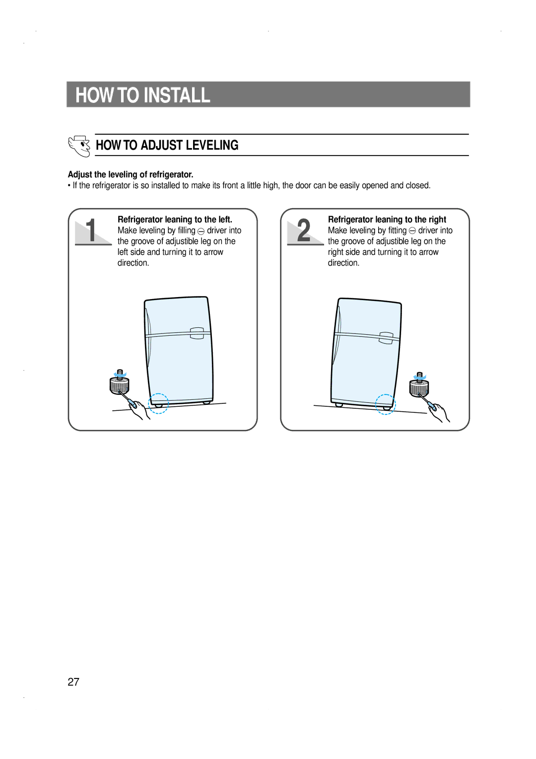 Samsung SG686EENBQ/T.O, SG686EESWH/TAC manual HOW to Install, HOW to Adjust Leveling, Adjust the leveling of refrigerator 