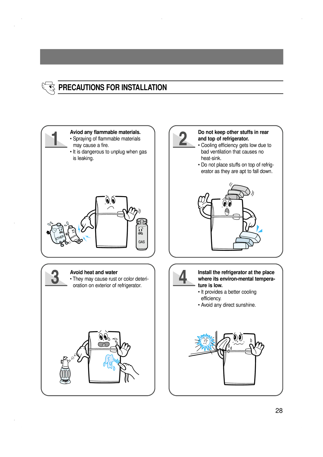 Samsung SG688EENBH/JUM, SG686EESWH/TAC Precautions for Installation, Aviod any flammable materials, Avoid heat and water 