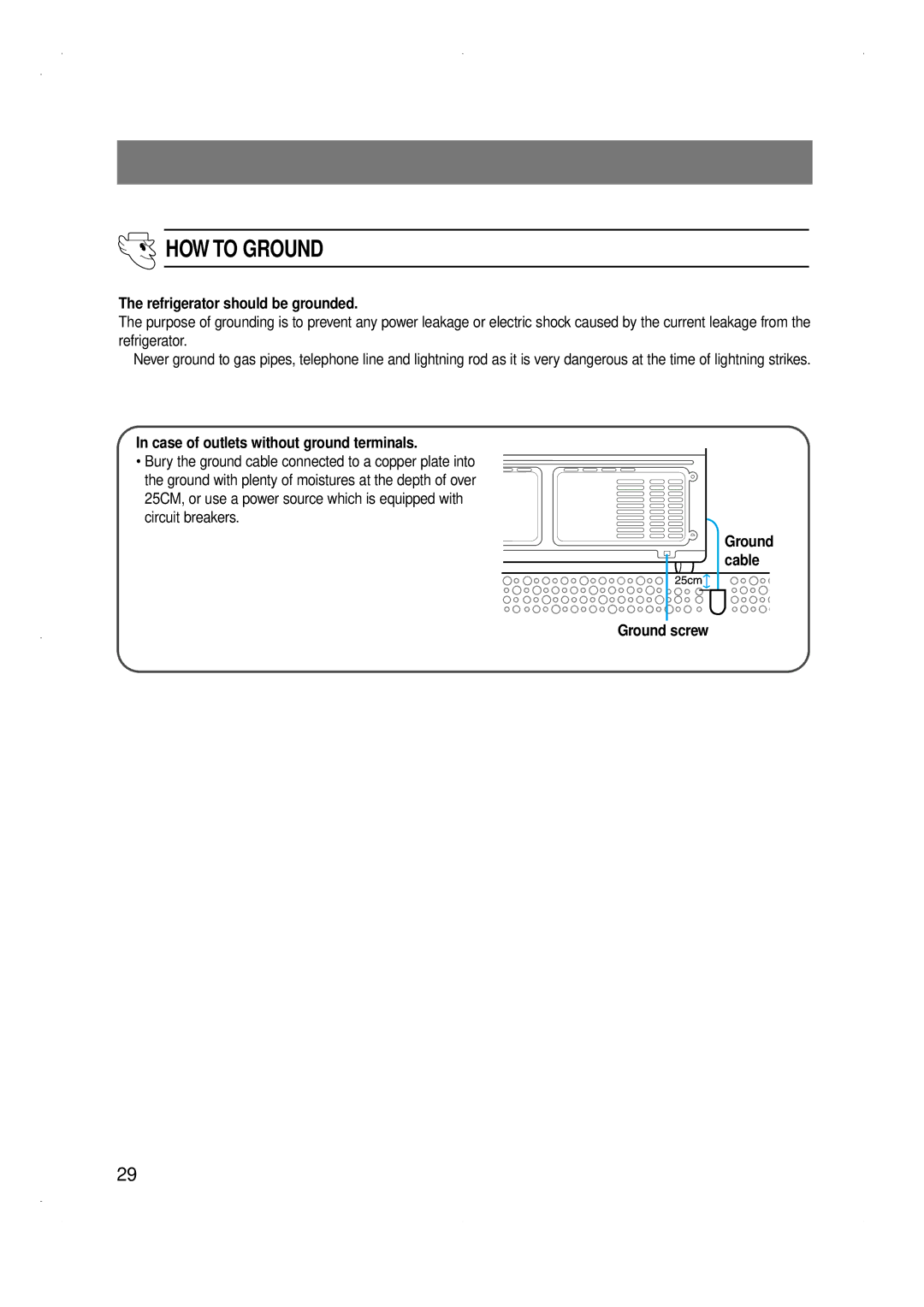 Samsung SG688EESWH/ATS HOW to Ground, Refrigerator should be grounded, Case of outlets without ground terminals, Cable 