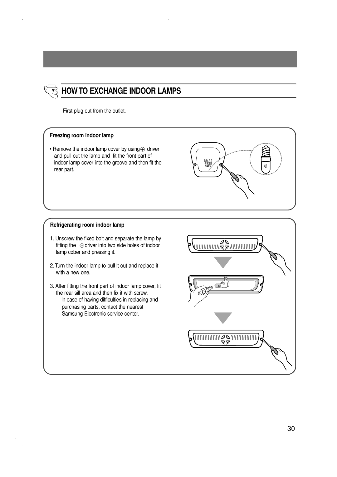 Samsung SG688EESWH/BDW manual HOW to Exchange Indoor Lamps, First plug out from the outlet, Freezing room indoor lamp 