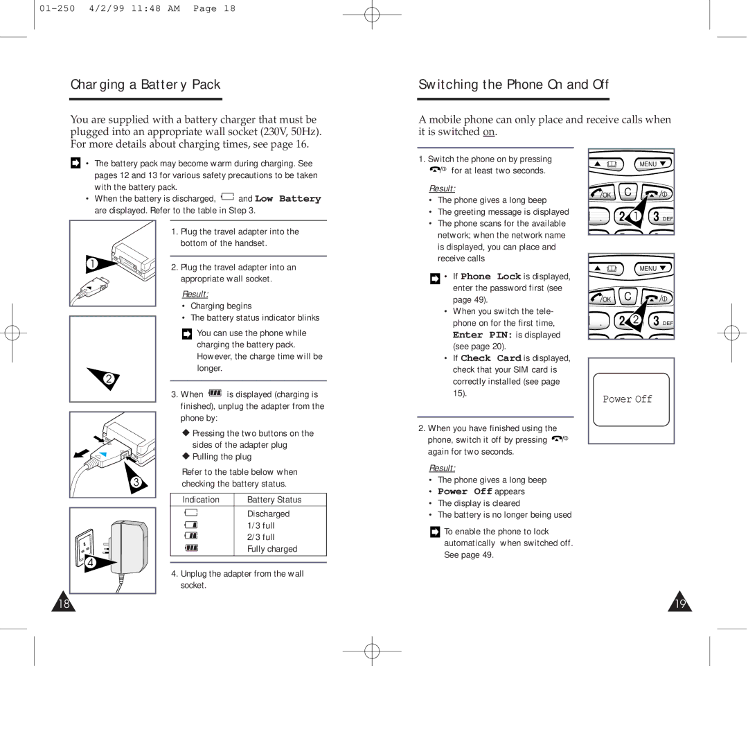 Samsung SGH-250SEFDTC Charging a Battery Pack, Switching the Phone On and Off, 01-250 4/2/99 1148 AM, Power Off appears 
