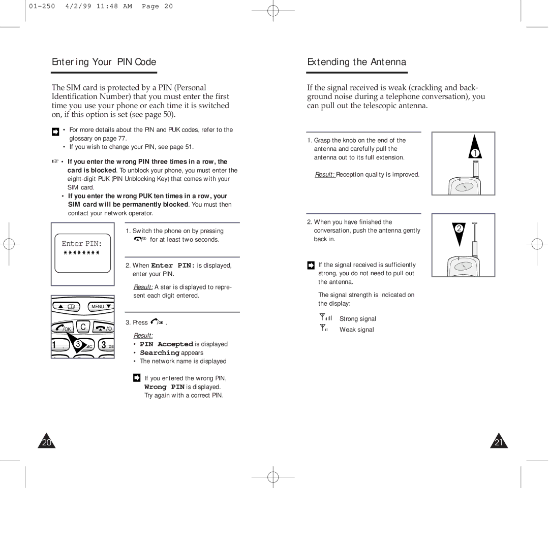 Samsung SGH-250SEFSBK, SGH-250SEGDTC, SGH-250SEFLBK, SGH-250SEFDTC Entering Your PIN Code, Extending the Antenna, Enter PIN 