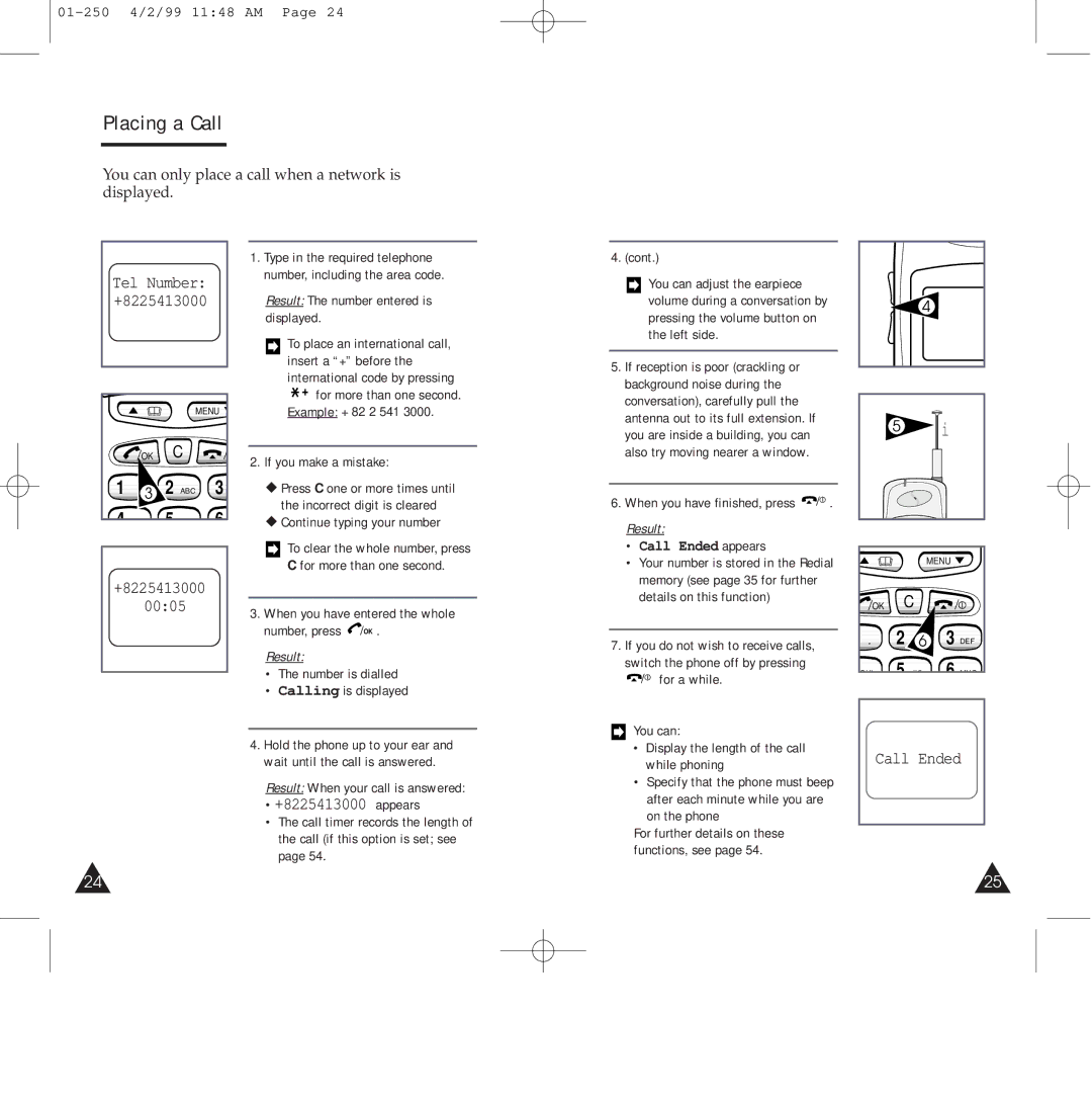 Samsung SGH-250SEFCLA, SGH-250SEGDTC, SGH-250SEFLBK manual Placing a Call, +8225413000 0005, +8225413000 appears, Call Ended 