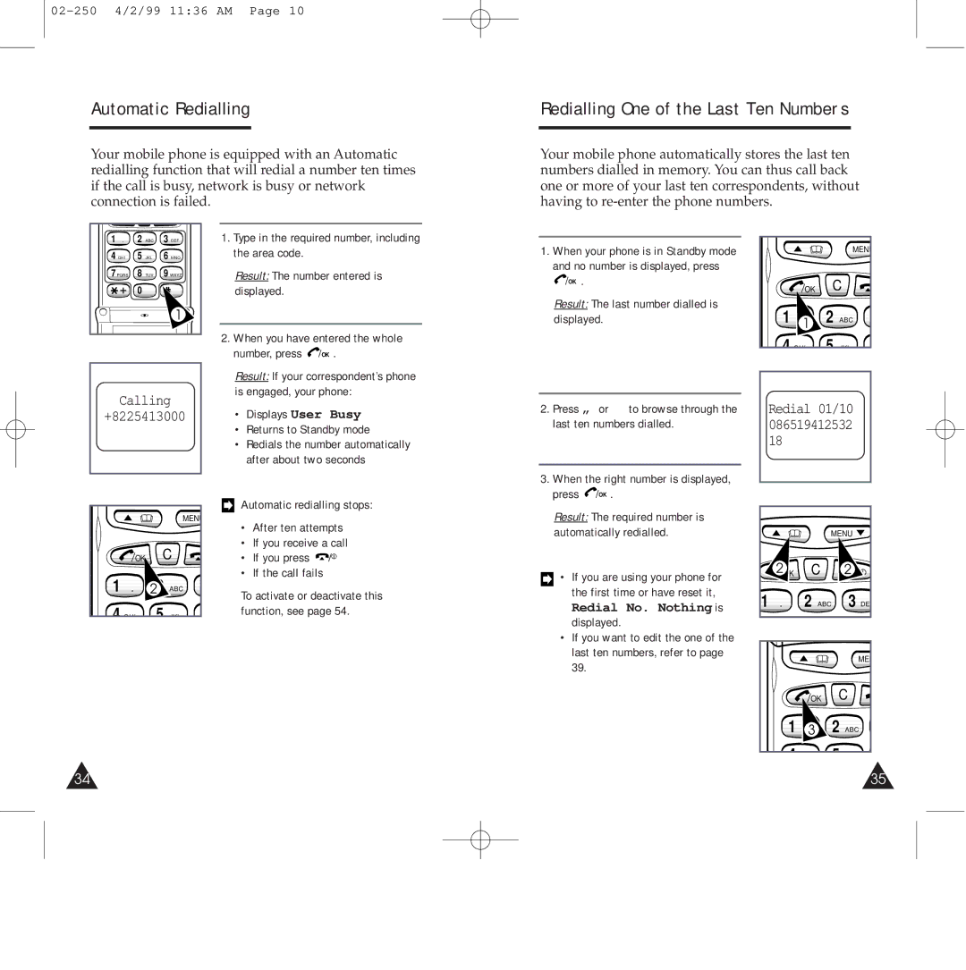 Samsung SGH-250SEFDTC, SGH-250SEGDTC, SGH-250SEFLBK manual Automatic Redialling, Redialling One of the Last Ten Numbers 