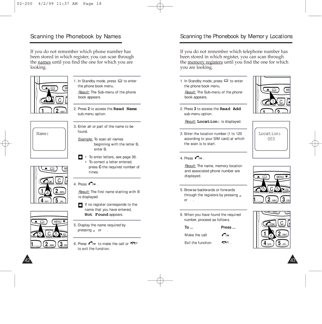 Samsung SGH-250SEFHFK manual Scanning the Phonebook by Names, Scanning the Phonebook by Memory Locations, Not Found appears 