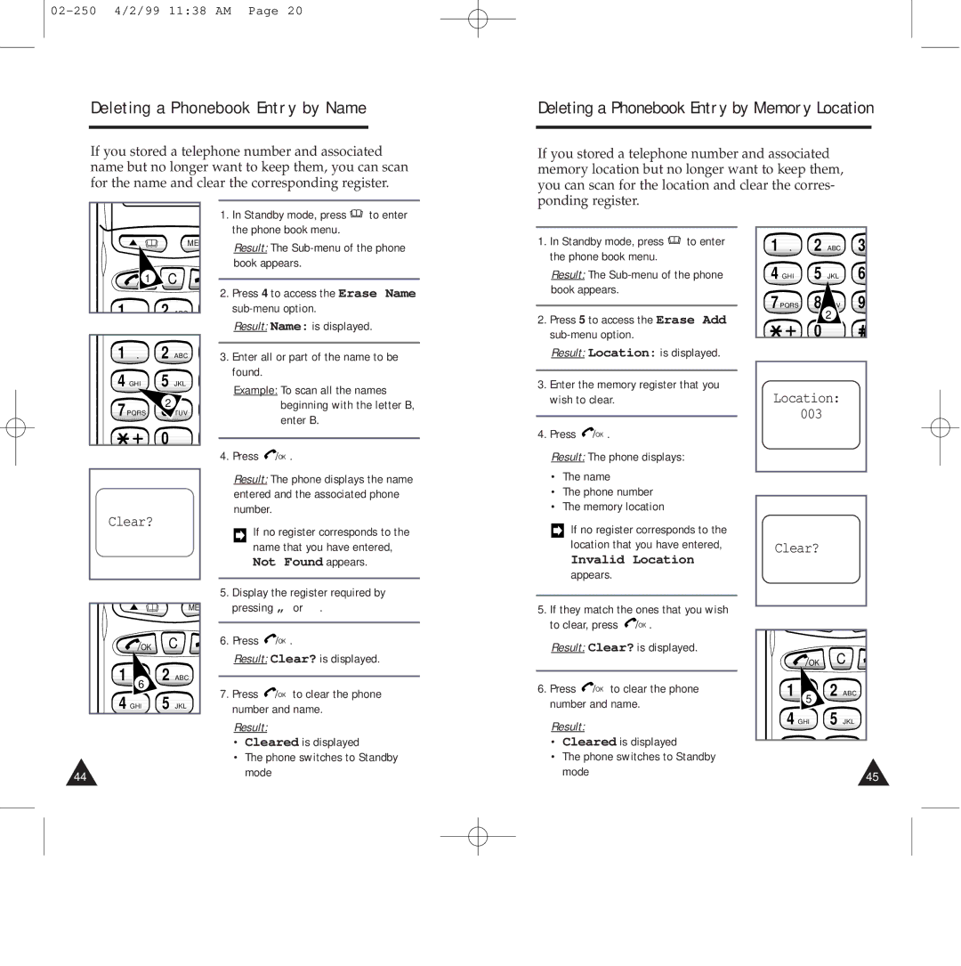 Samsung SGH-250SEIHFK, SGH-250SEGDTC Deleting a Phonebook Entry by Name, Deleting a Phonebook Entry by Memory Location 