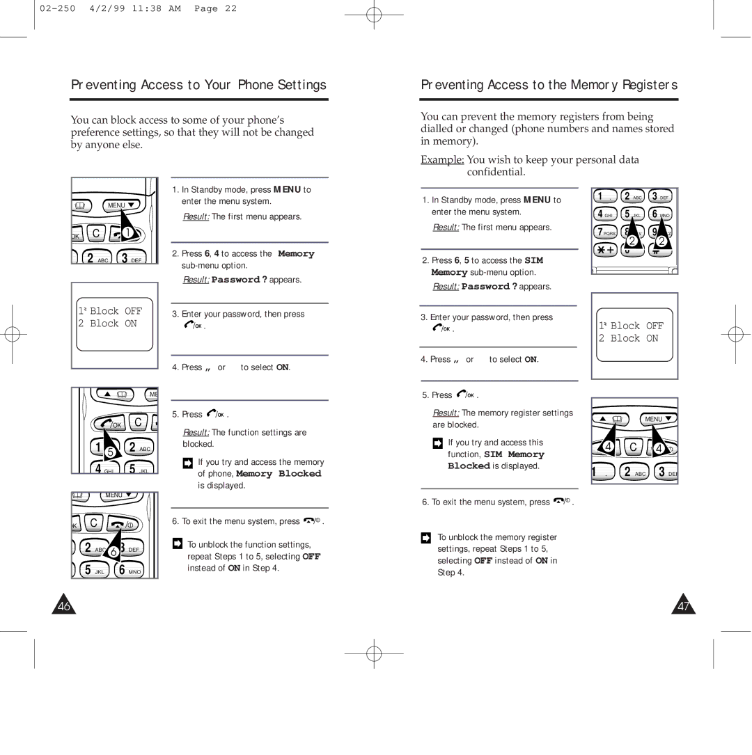 Samsung SGH-250SEGDTC manual Preventing Access to Your Phone Settings, Preventing Access to the Memory Registers, Block on 