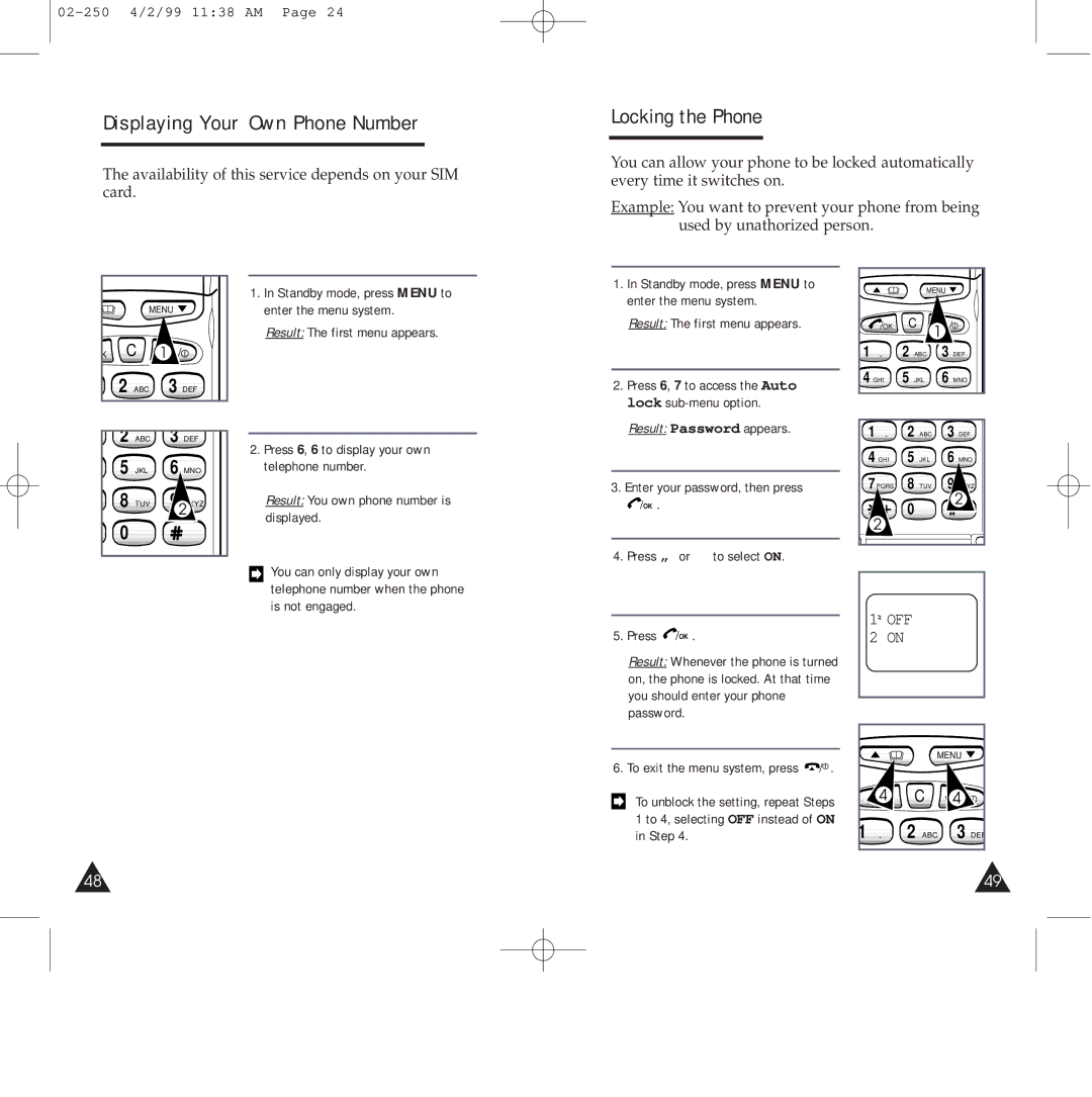 Samsung SGH-250SEFLBK, SGH-250SEGDTC, SGH-250SEFDTC, SGH-250SEFSBK manual Displaying Your Own Phone Number, Locking the Phone 