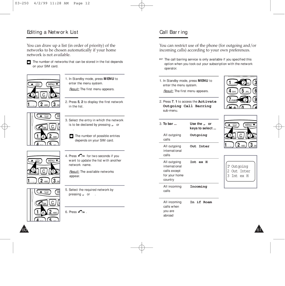 Samsung SGH-250SEIHFK, SGH-250SEGDTC, SGH-250SEFLBK, SGH-250SEFDTC, SGH-250SEFSBK manual Editing a Network List, Call Barring 