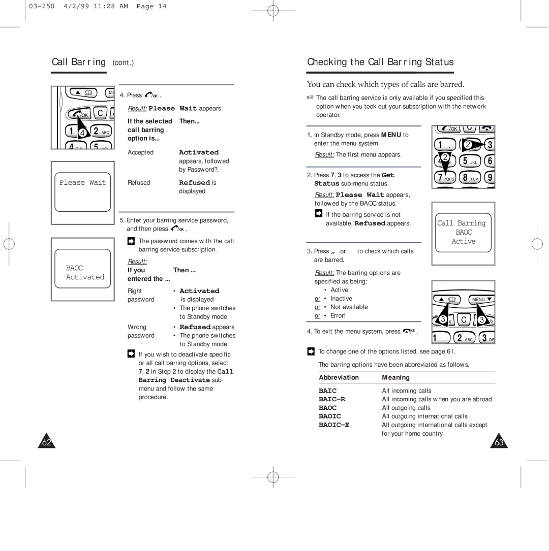 Samsung SGH-250SEGDTC, SGH-250SEFLBK Call Barring Checking the Call Barring Status, Result Please Wait appears, Refused is 