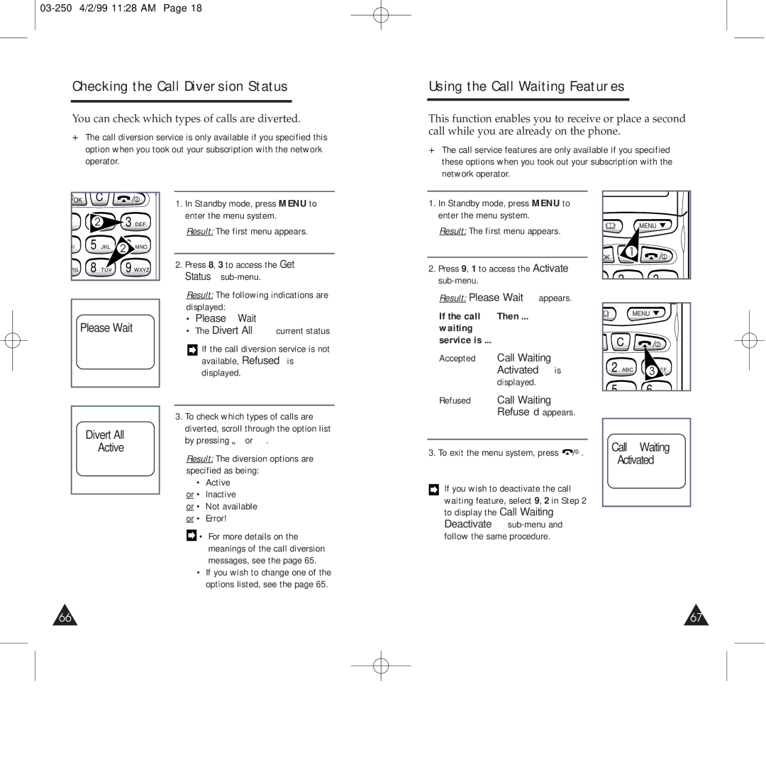 Samsung SGH-250SEFDTC Checking the Call Diversion Status, Using the Call Waiting Features, Please Wait Divert All Active 