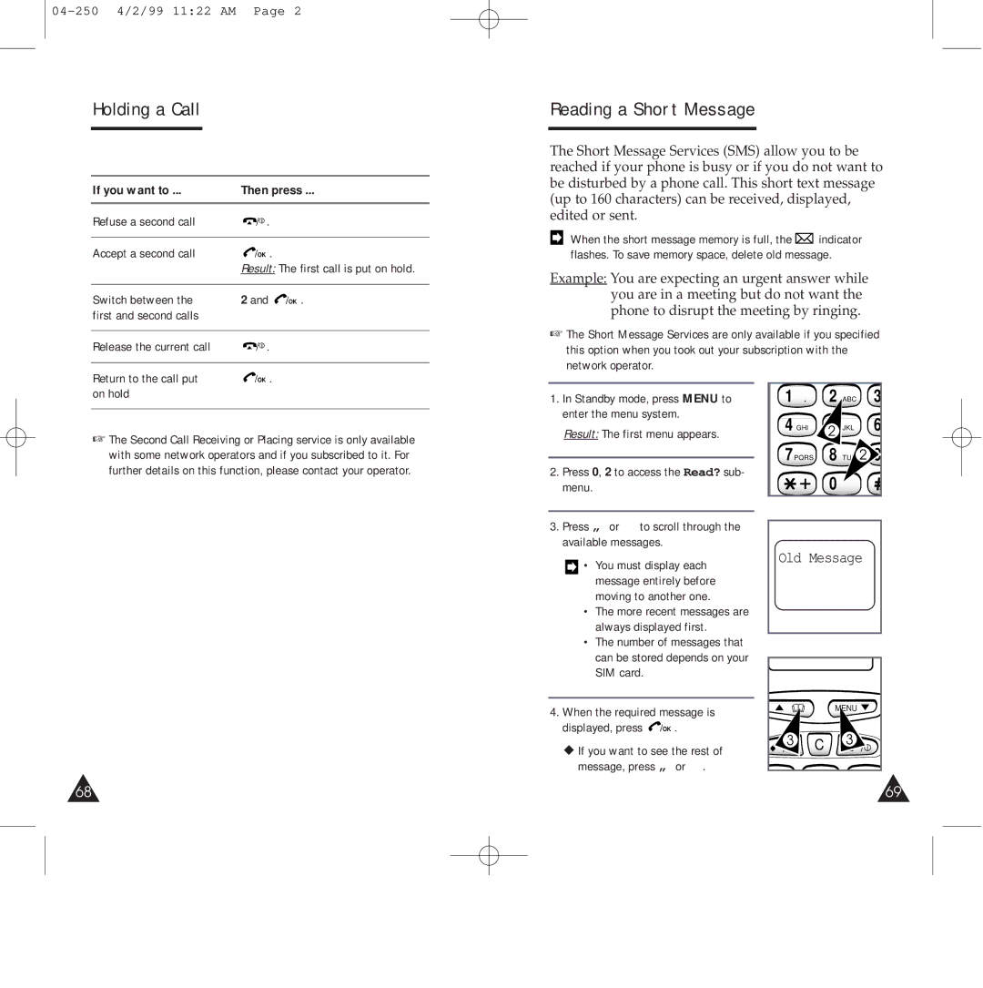 Samsung SGH-250SEFSBK manual Holding a Call, Reading a Short Message, 04-250 4/2/99 1122 AM, If you want to Then press 