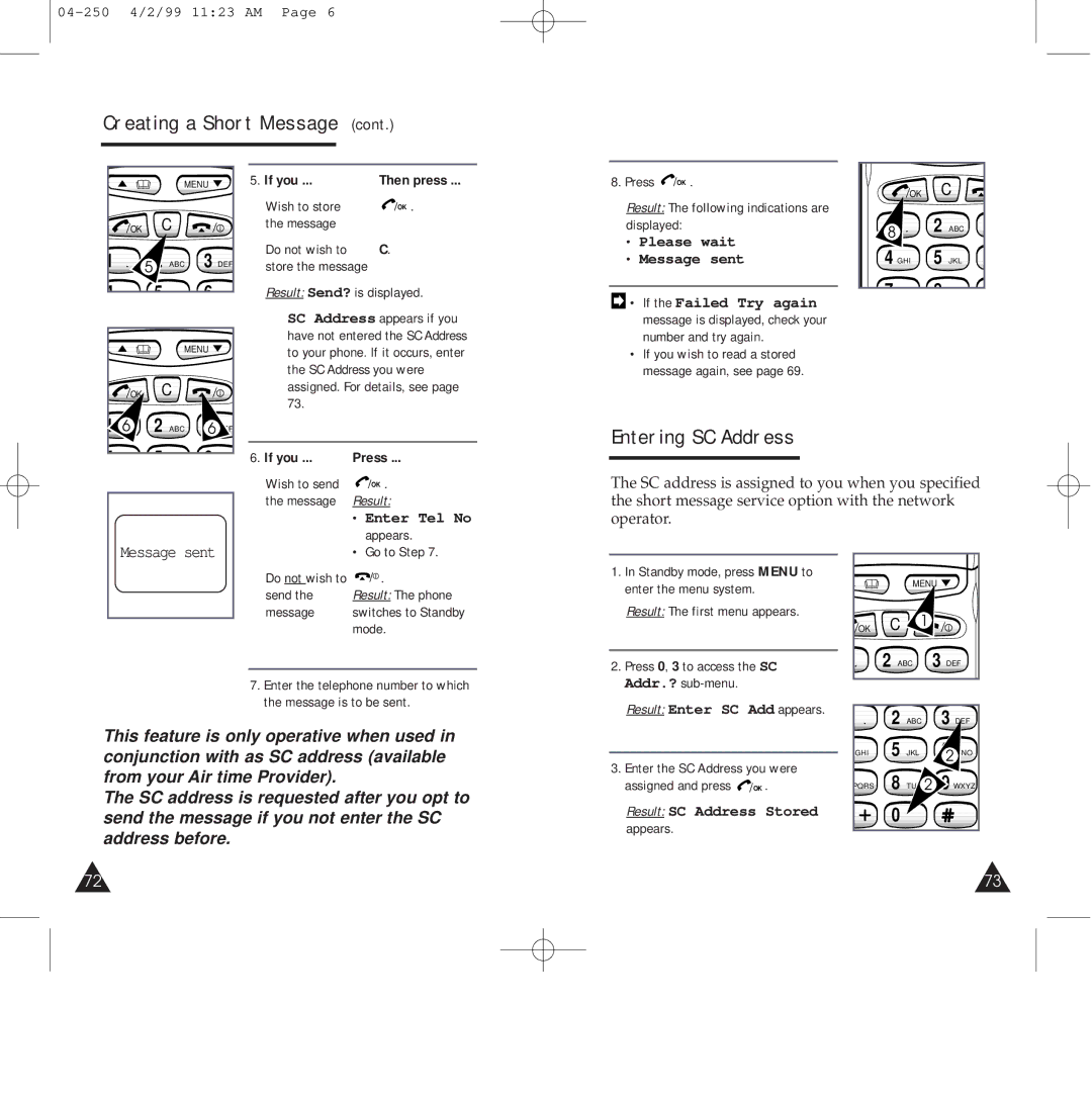 Samsung SGH-250SEFCLA, SGH-250SEGDTC, SGH-250SEFTA Entering SC Address, 04-250 4/2/99 1123 AM, If you, Enter Tel No appears 