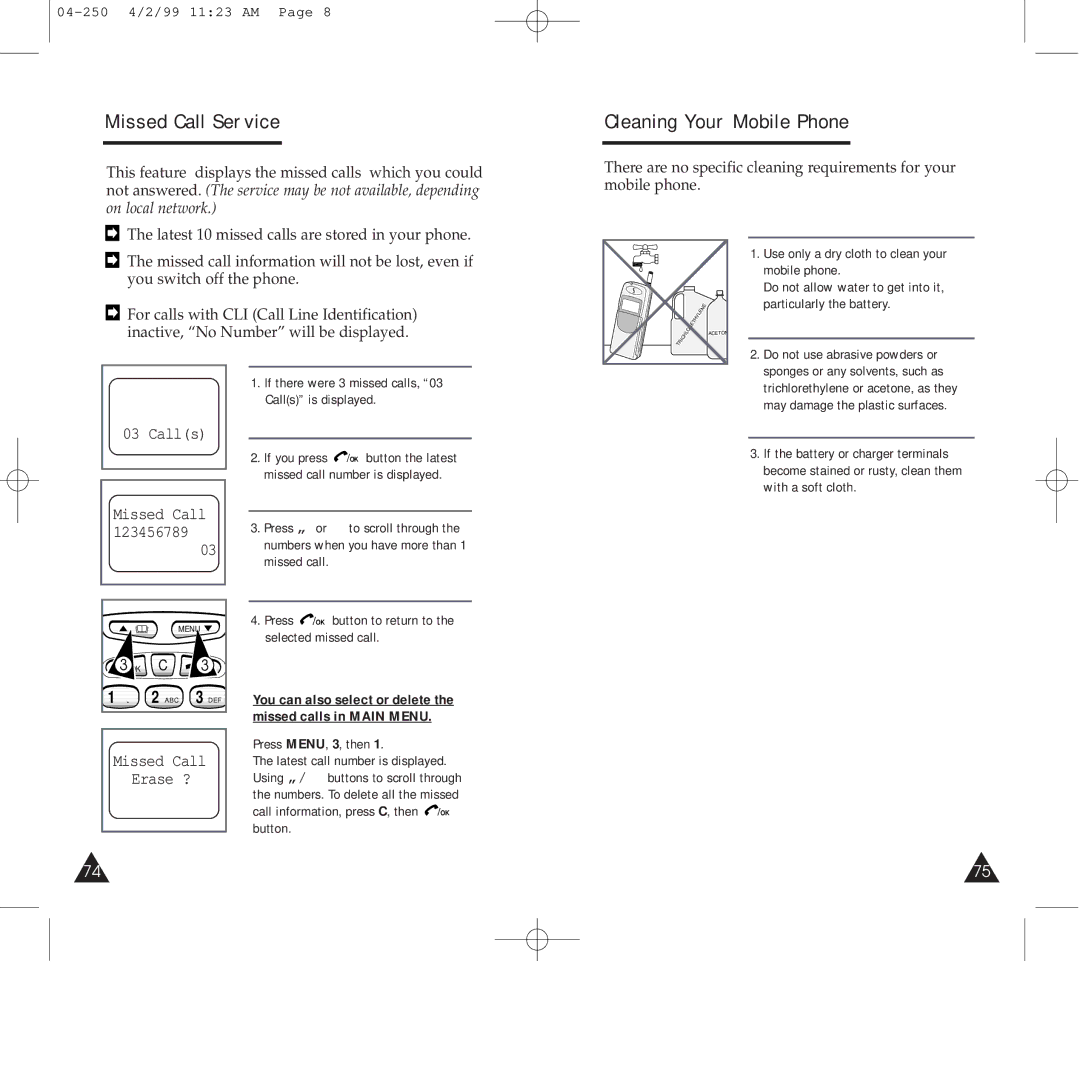 Samsung SGH-250SEFHFK, SGH-250SEGDTC manual Missed Call Service, Cleaning Your Mobile Phone, Calls, Missed Call Erase ? 