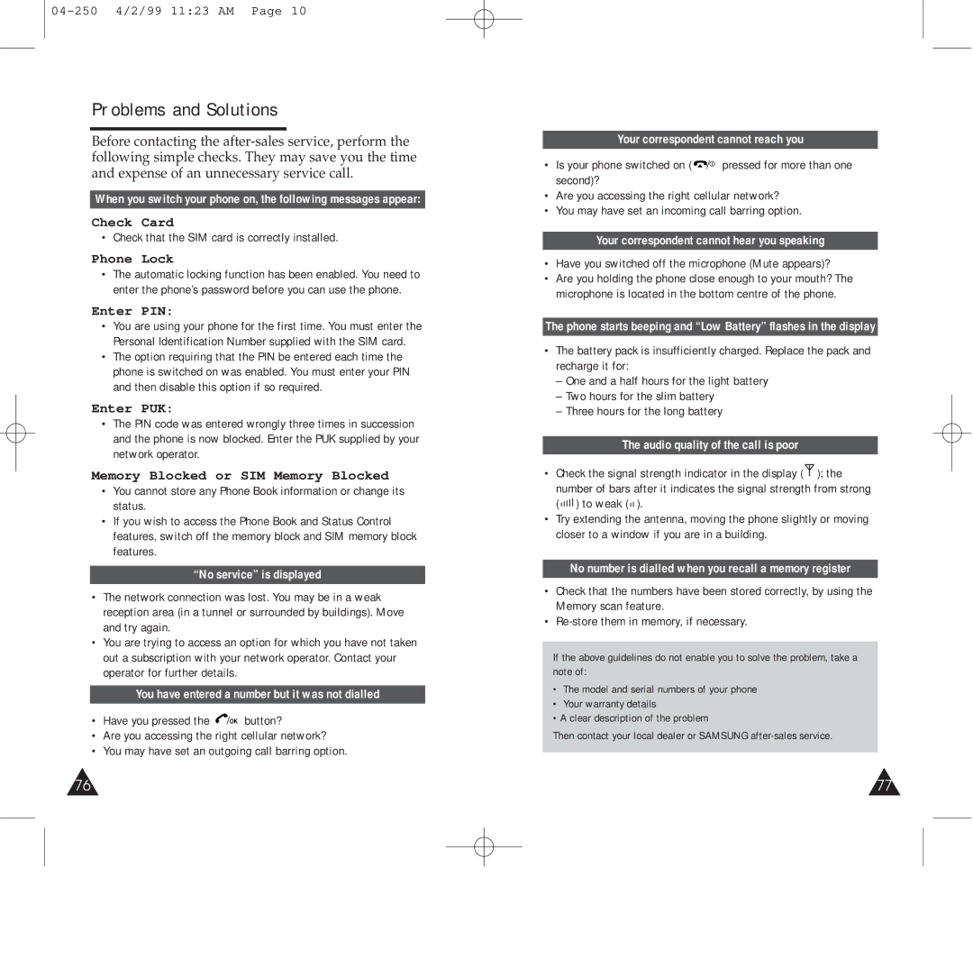 Samsung SGH-250SEIHFK, SGH-250SEGDTC, SGH-250SEFLBK, SGH-250SEFDTC, SGH-250SEFSBK, SGH-250SEFTA manual Problems and Solutions 
