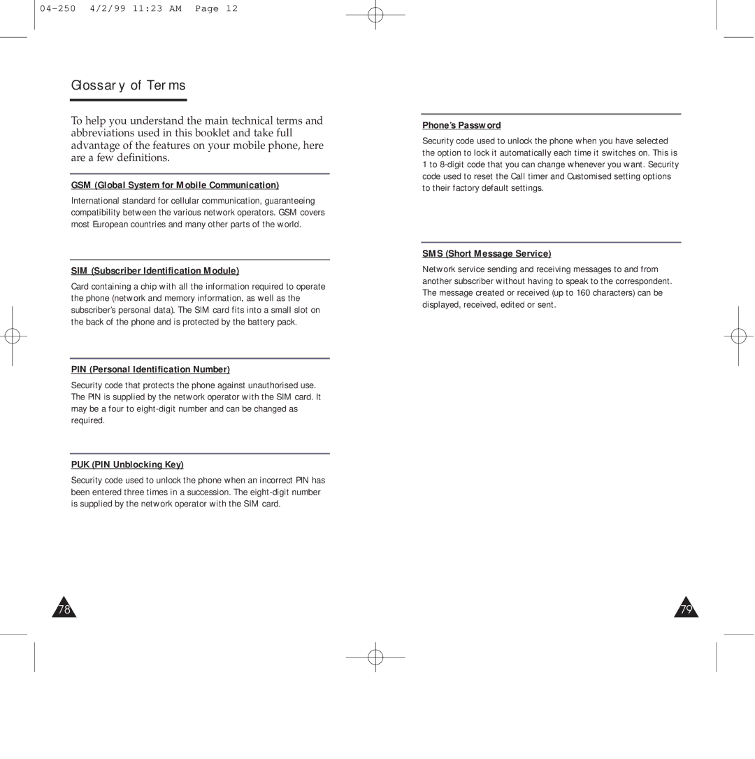 Samsung SGH-250SEGDTC, SGH-250SEFLBK, SGH-250SEFDTC, SGH-250SEFSBK, SGH-250SEFTA, SGH-250SEFCLA manual Glossary of Terms 