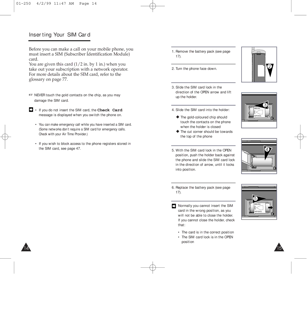 Samsung SGH-250SEGDTC, SGH-250SEFLBK, SGH-250SEFDTC, SGH-250SEFSBK manual Inserting Your SIM Card, Gold-coloured chip should 