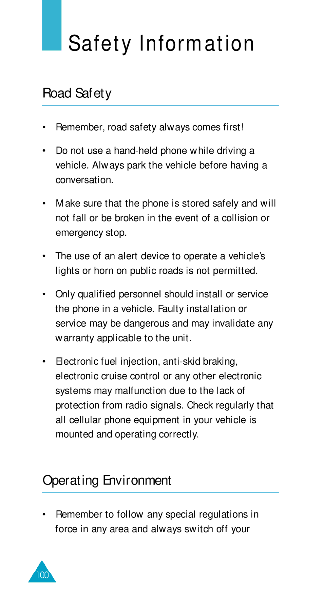 Samsung SGH-600SV/XET, SGH-600DY/TIM, SGH-600DB/TIM, SGH-600BL/XET Safety Information, Road Safety, Operating Environment 