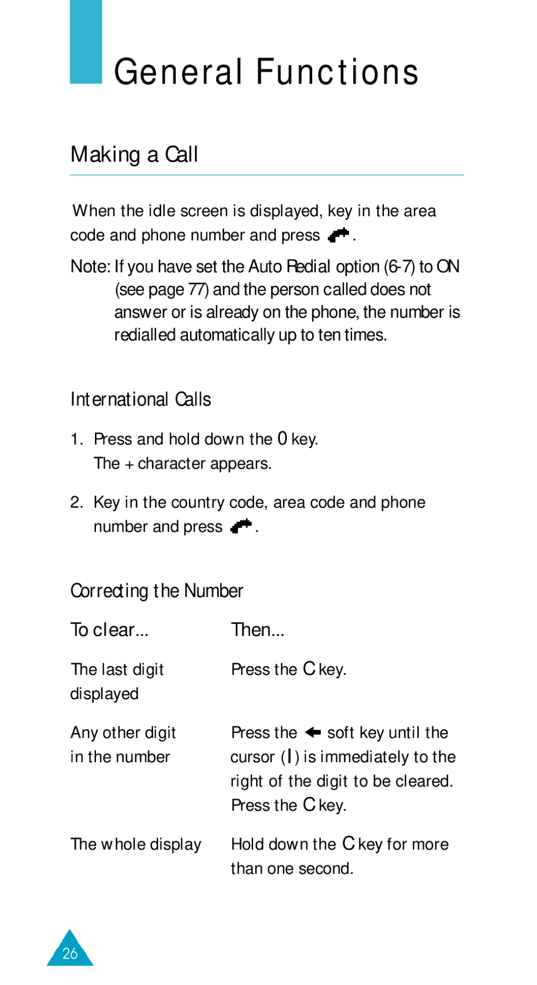 Samsung SGH-600DY/TIM manual General Functions, Making a Call, International Calls, Correcting the Number, To clear Then 