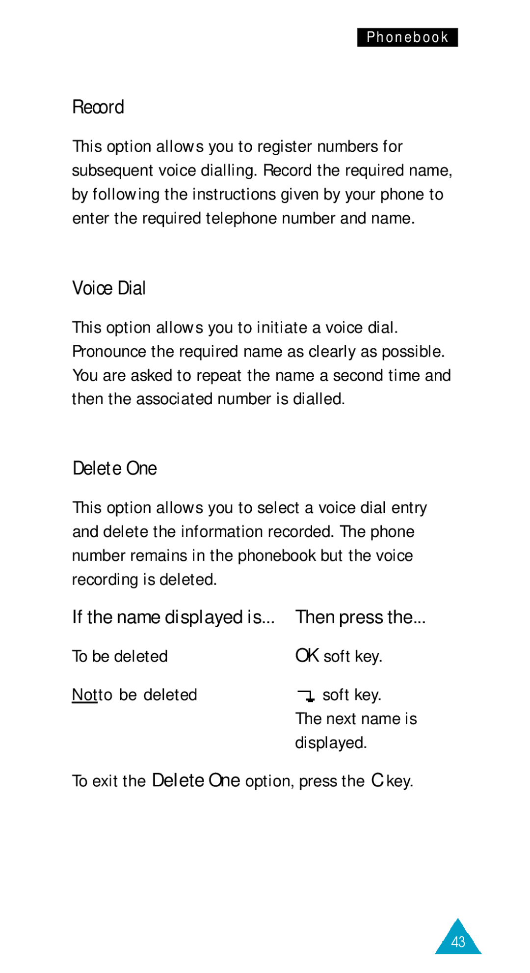 Samsung SGH-600W/TIM, SGH-600DY/TIM Record, Voice Dial, Delete One, To be deleted OK soft key Notto be deleted Soft key 