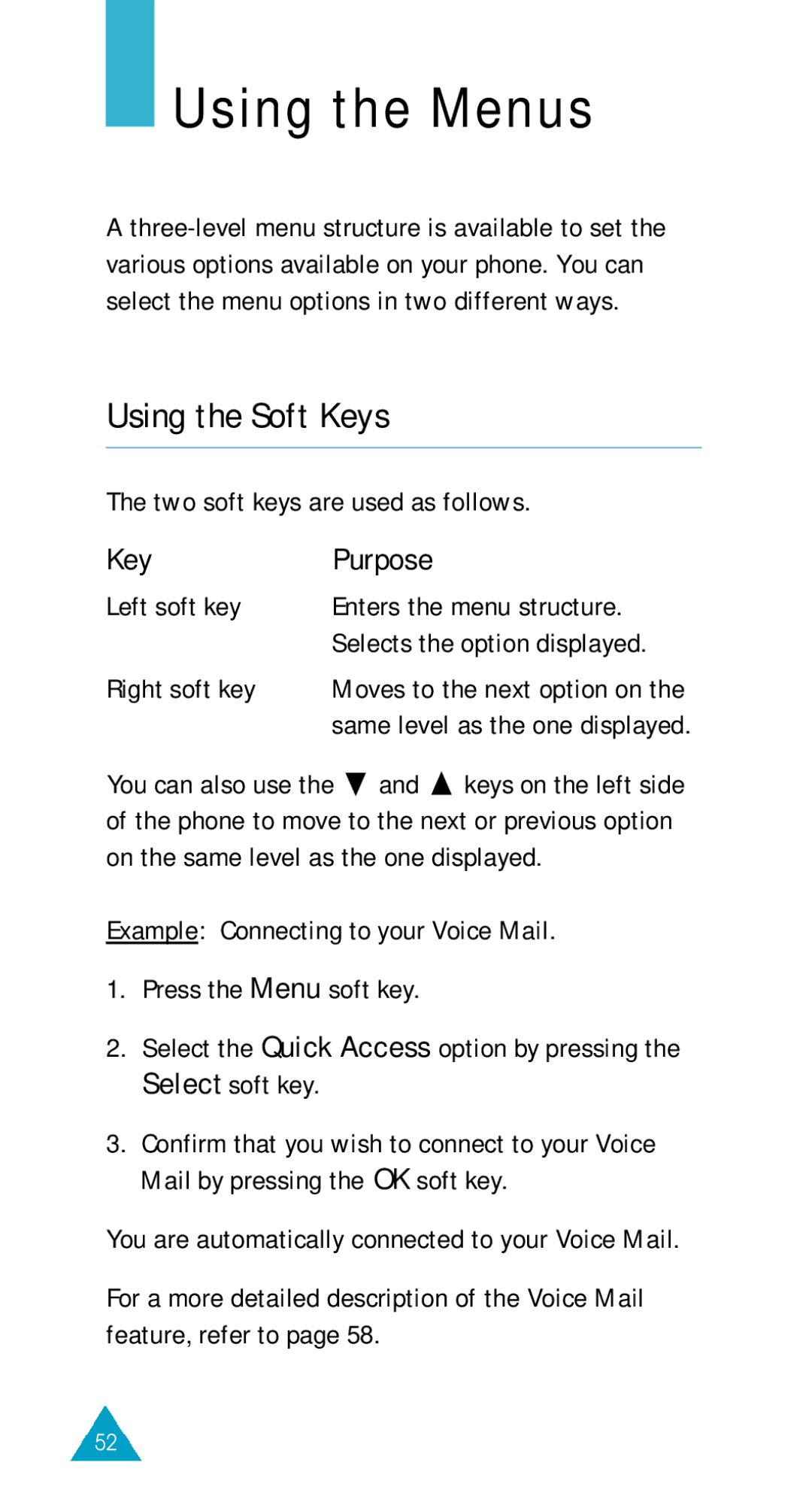 Samsung SGH-600DY/TIM Using the Menus, Using the Soft Keys, Two soft keys are used as follows, Key Purpose Left soft key 