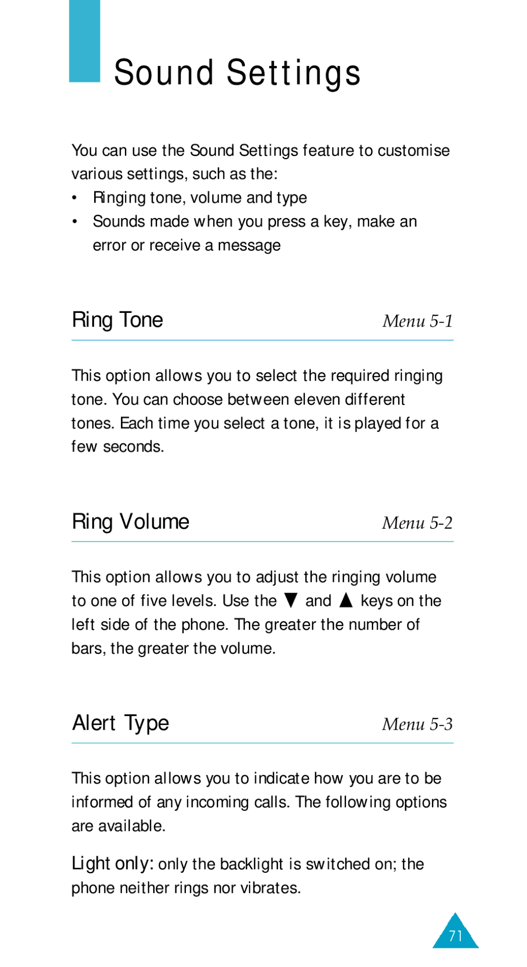 Samsung SGH-600SV/TIM, SGH-600DY/TIM, SGH-600DB/TIM, SGH-600BL/XET manual Sound Settings, Ring Tone, Ring Volume, Alert Type 