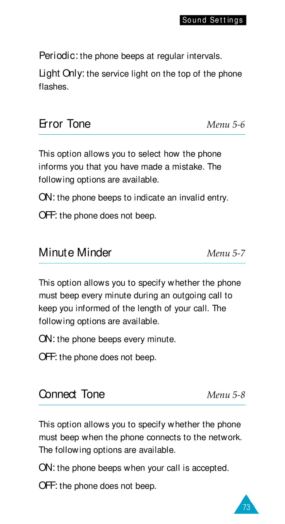 Samsung SGH-600DE/XET Error Tone, Minute Minder, Connect Tone, On the phone beeps every minute OFF the phone does not beep 