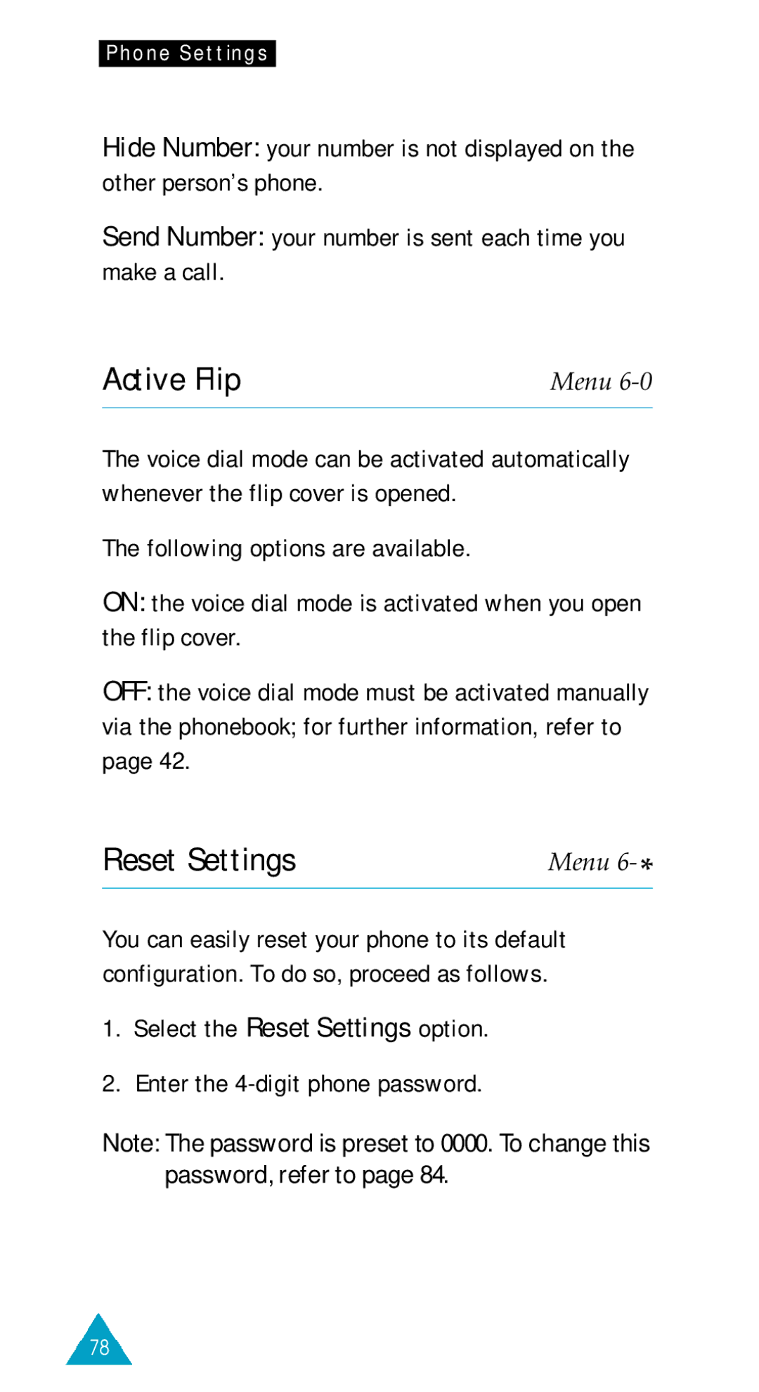 Samsung SGH-600DY/TIM, SGH-600DB/TIM, SGH-600BL/XET, SGH-600WR/TIM, SGH-600W/TIM, SGH-600DB/XET Active Flip, Reset Settings 