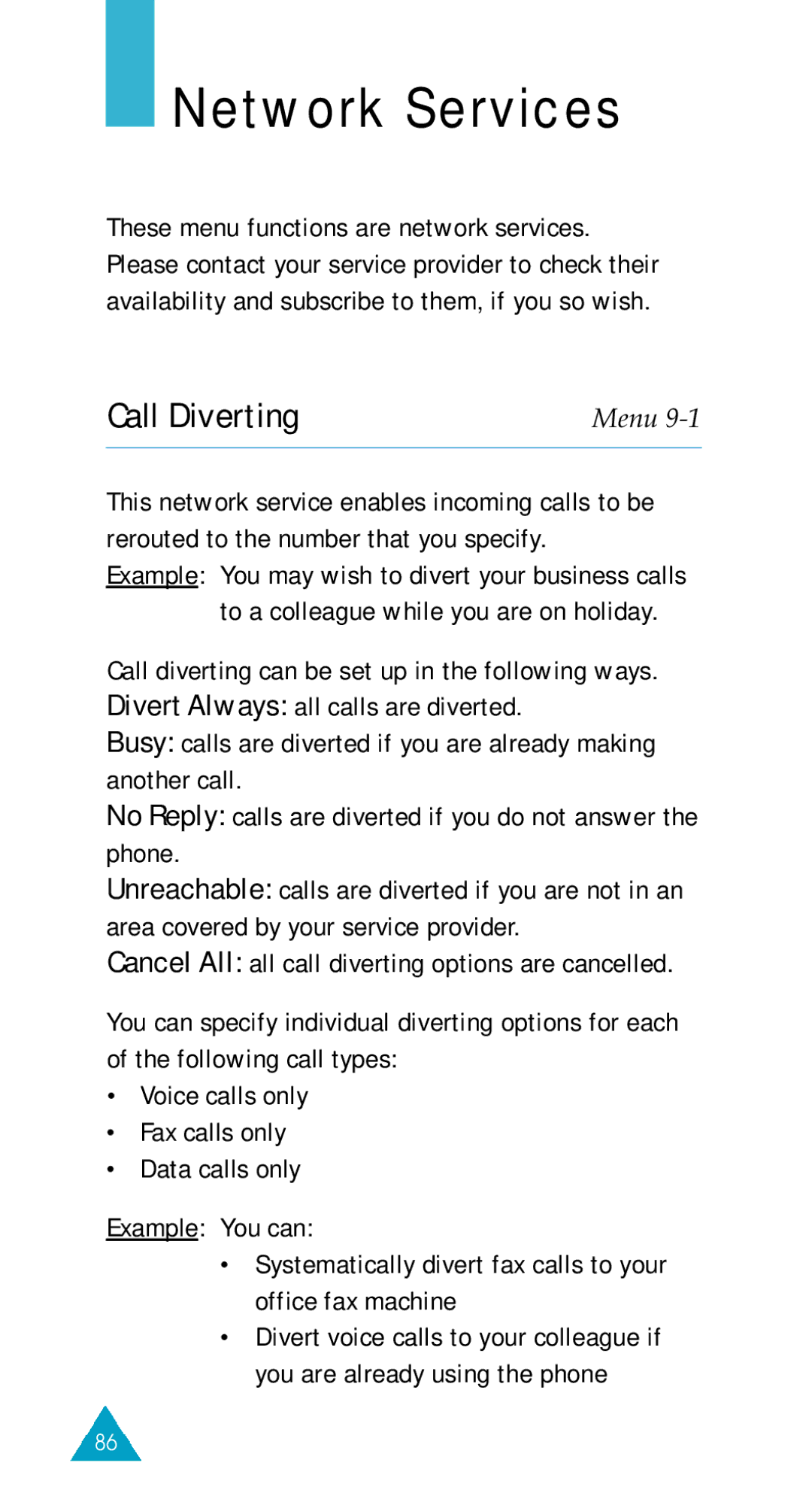 Samsung SGH-600DE/XET, SGH-600DY/TIM Network Services, Call Diverting, Cancel All all call diverting options are cancelled 