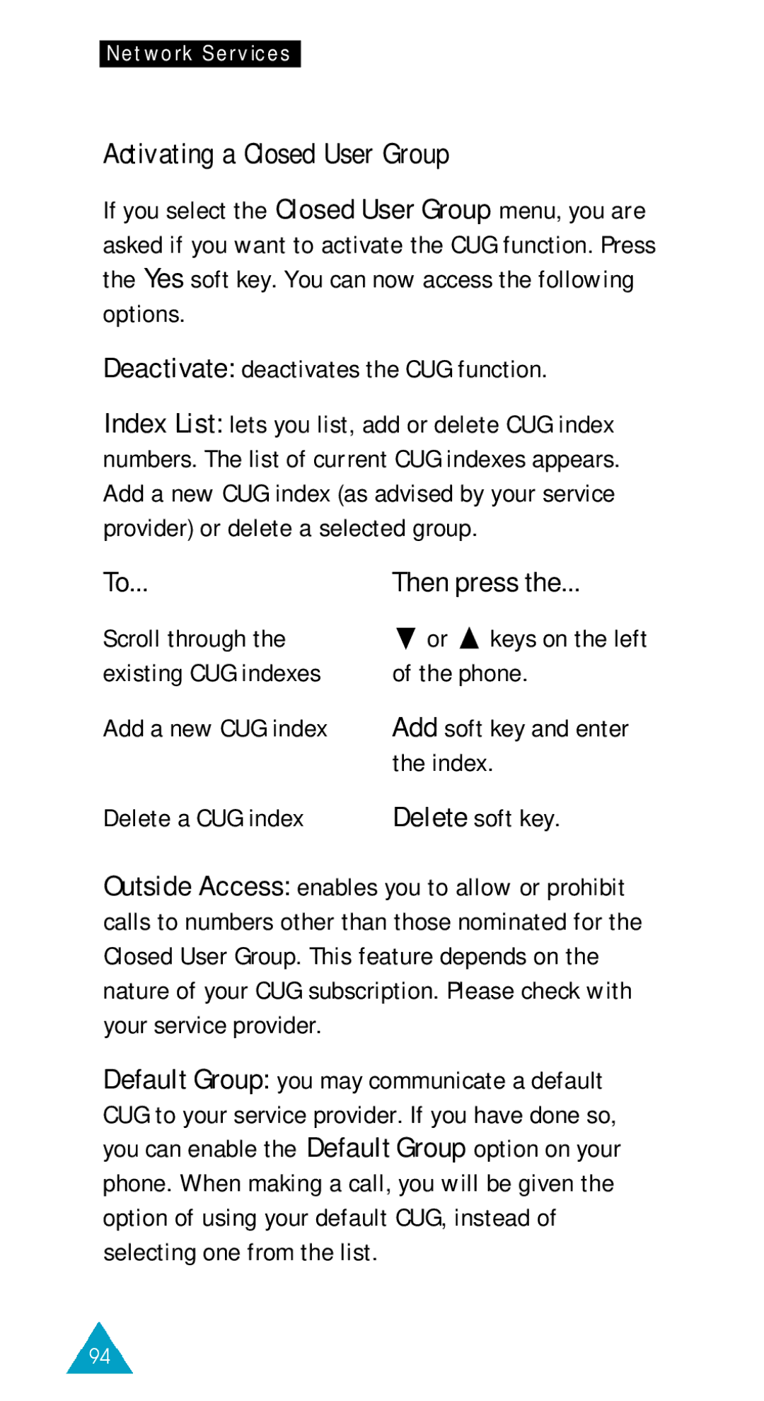 Samsung SGH-600WR/TIM, SGH-600DY/TIM, SGH-600DB/TIM, SGH-600BL/XET, SGH-600W/TIM, SGH-600DB/XET Activating a Closed User Group 