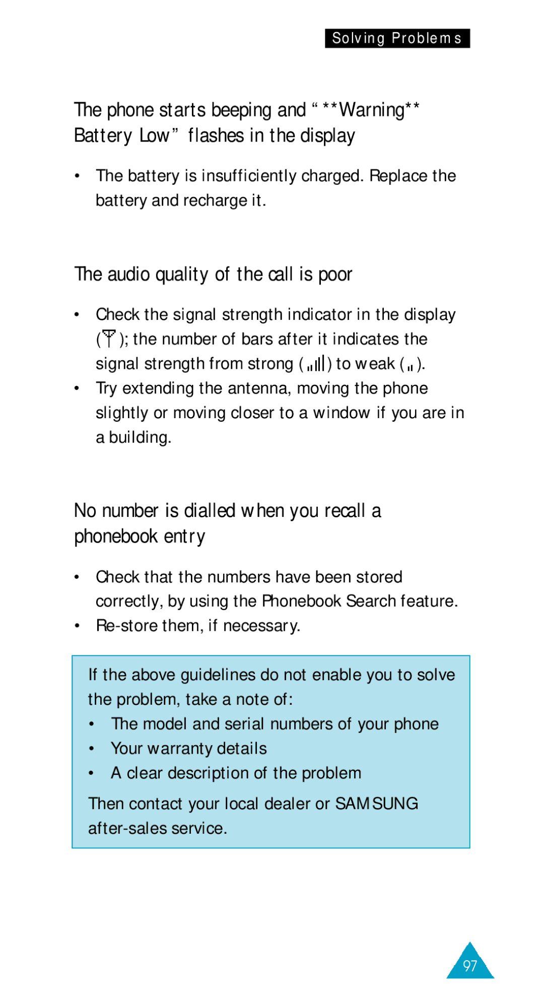 Samsung SGH-600SV/TIM manual Audio quality of the call is poor, No number is dialled when you recall a phonebook entry 