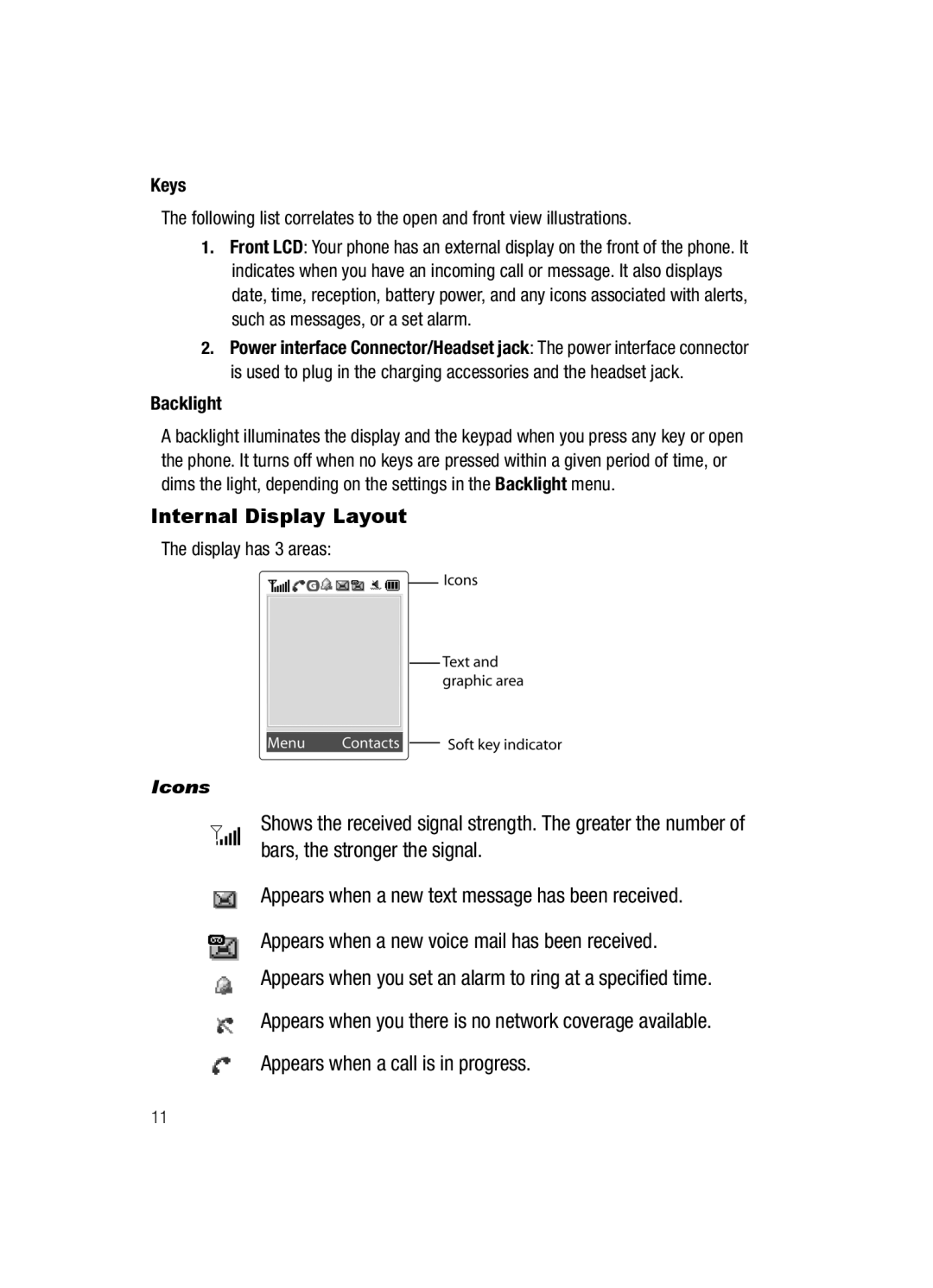 Samsung SGH-a117 Series manual Internal Display Layout, Icons 