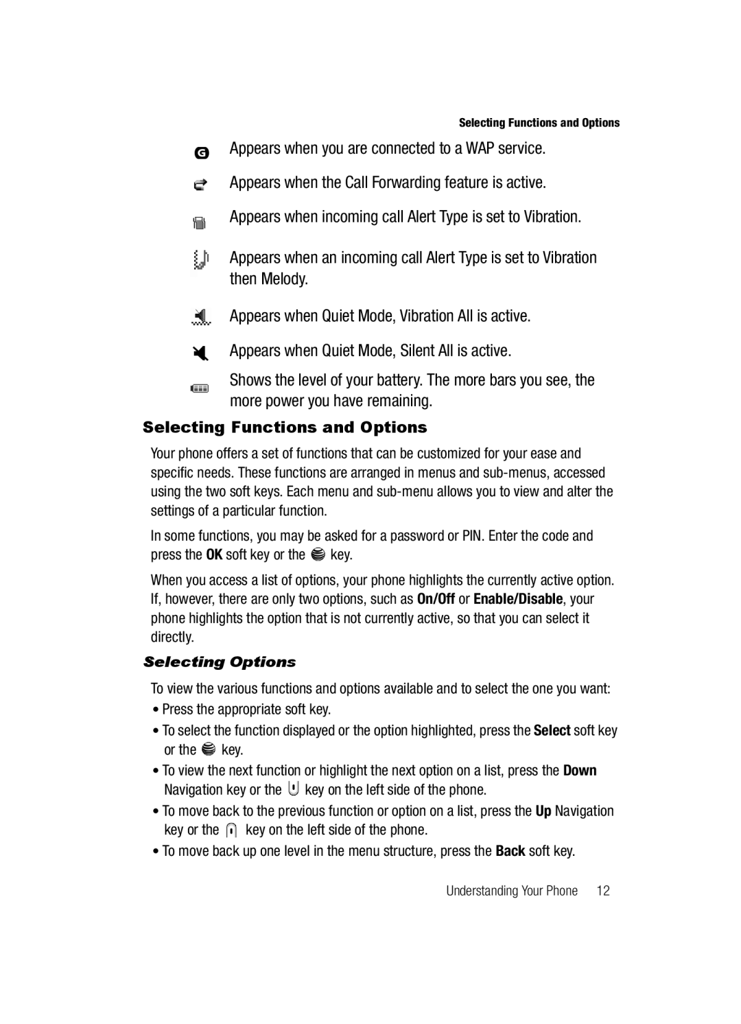 Samsung SGH-a117 Series manual Selecting Functions and Options, Selecting Options 