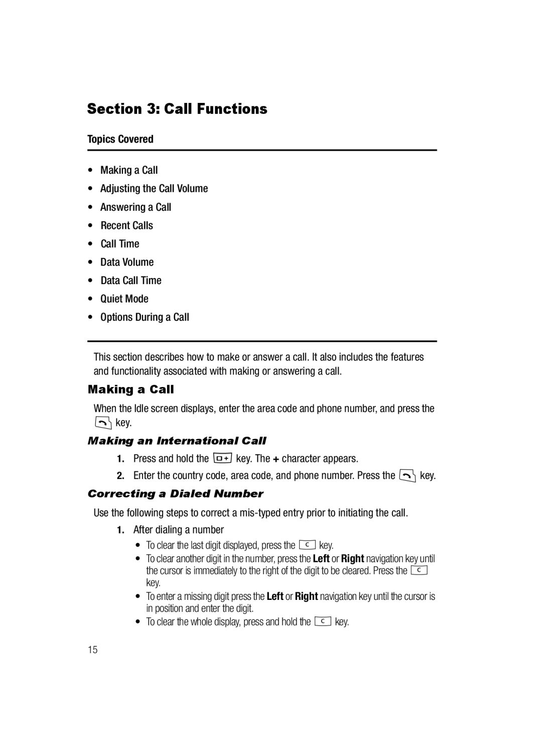 Samsung SGH-a117 Series manual Call Functions, Making a Call, Making an International Call, Correcting a Dialed Number 