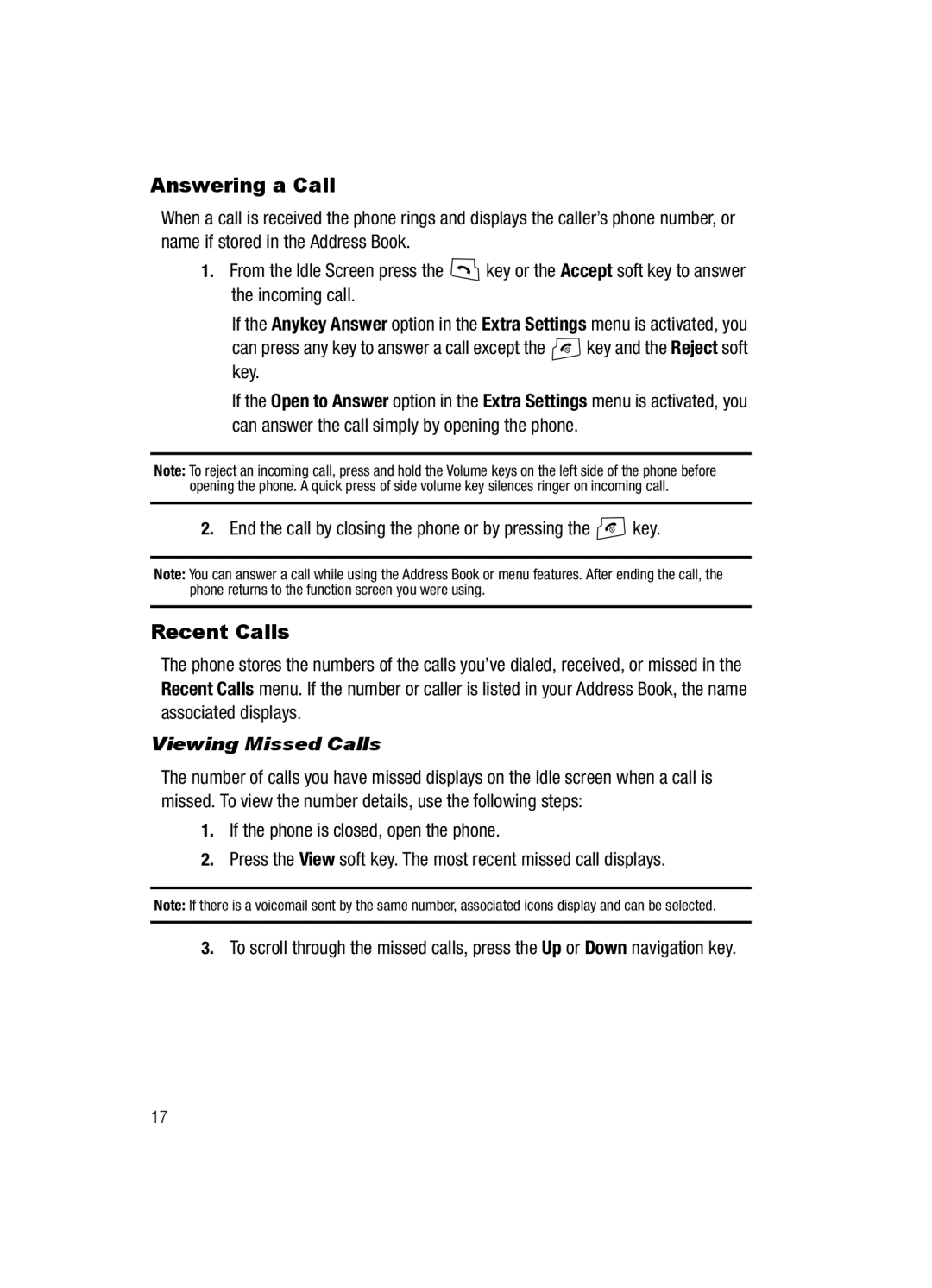 Samsung SGH-a117 Series manual Answering a Call, Recent Calls, Viewing Missed Calls 